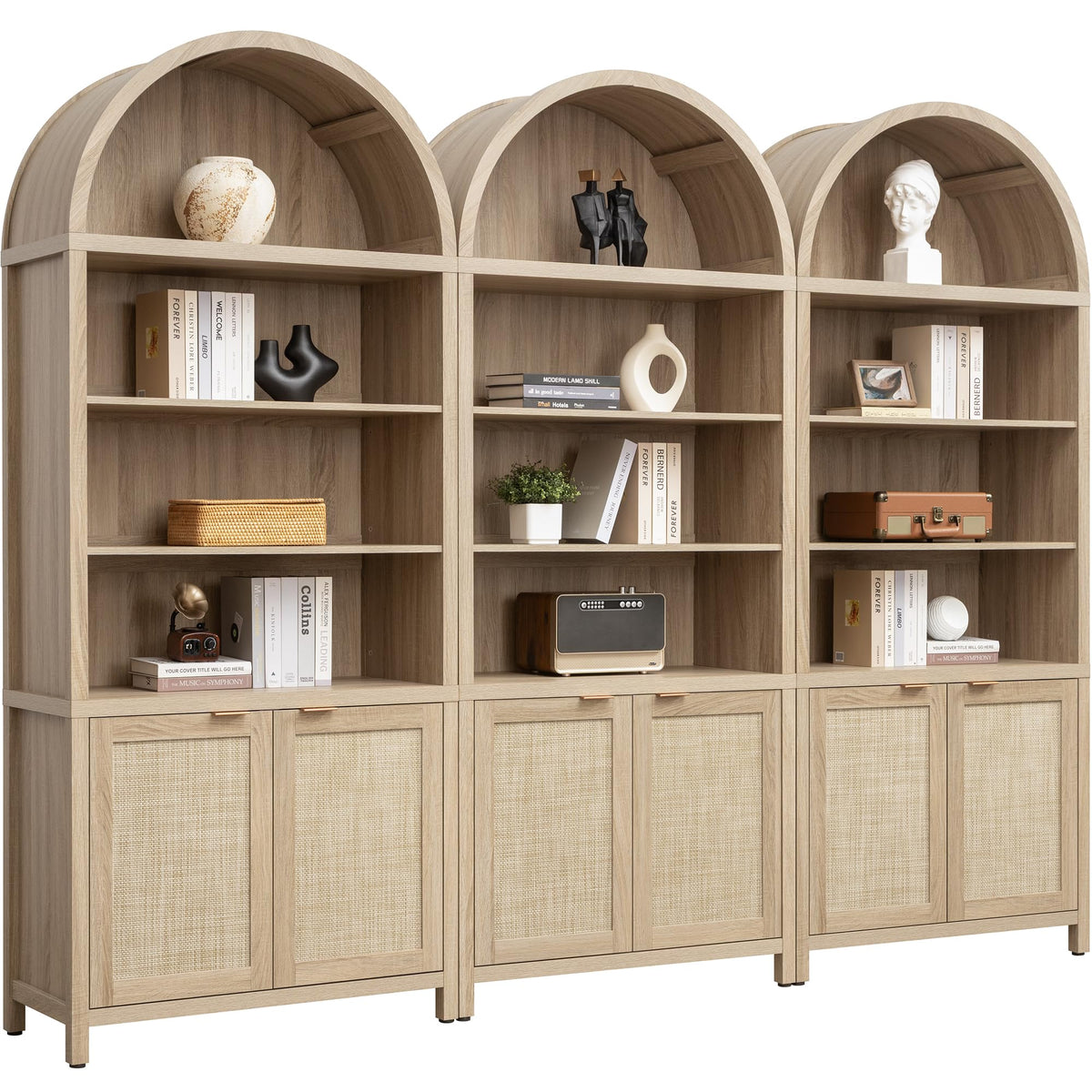 SICOTAS Book Shelf Arched Cabinet Bookshelf Arch 84.2" Tall Bookcase 5 Tier Large Bookshelves with Doors Storage Rattan Boho Wide Book Shelves Case for Living Room Kitchen Office Bedroom Library