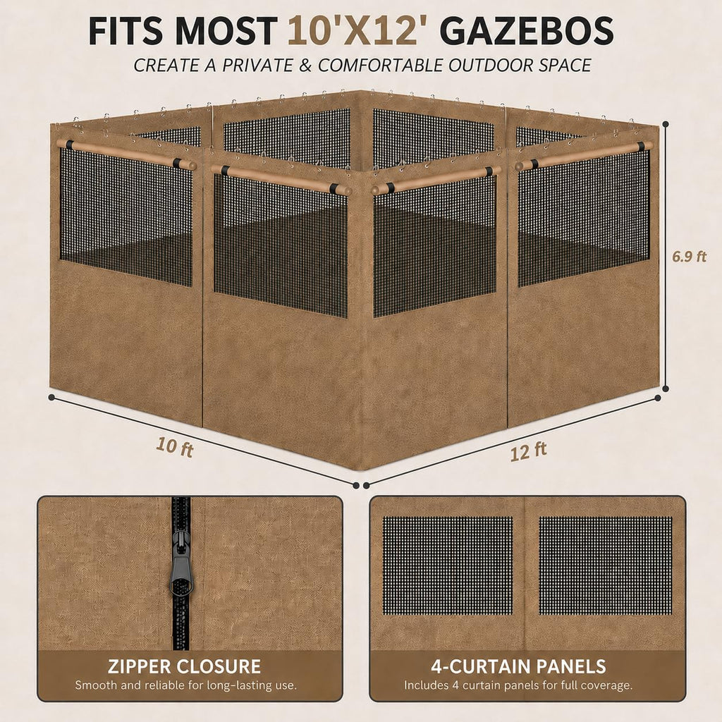 Gazebo Privacy Curtains 10' x 10' with Mosquito Windows, 4-Panels Side Wall with Zipper Universal Replacement for Patio, Outdoor Canopy, Garden and Backyard, Gray (Curtain Only)