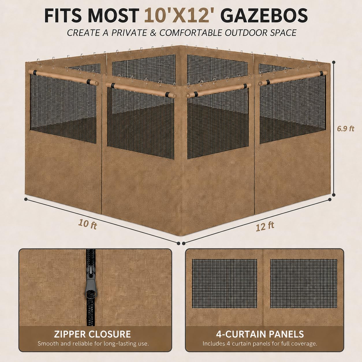 Gazebo Privacy Curtains 10' x 10' with Mosquito Windows, 4-Panels Side Wall with Zipper Universal Replacement for Patio, Outdoor Canopy, Garden and Backyard, Gray (Curtain Only)