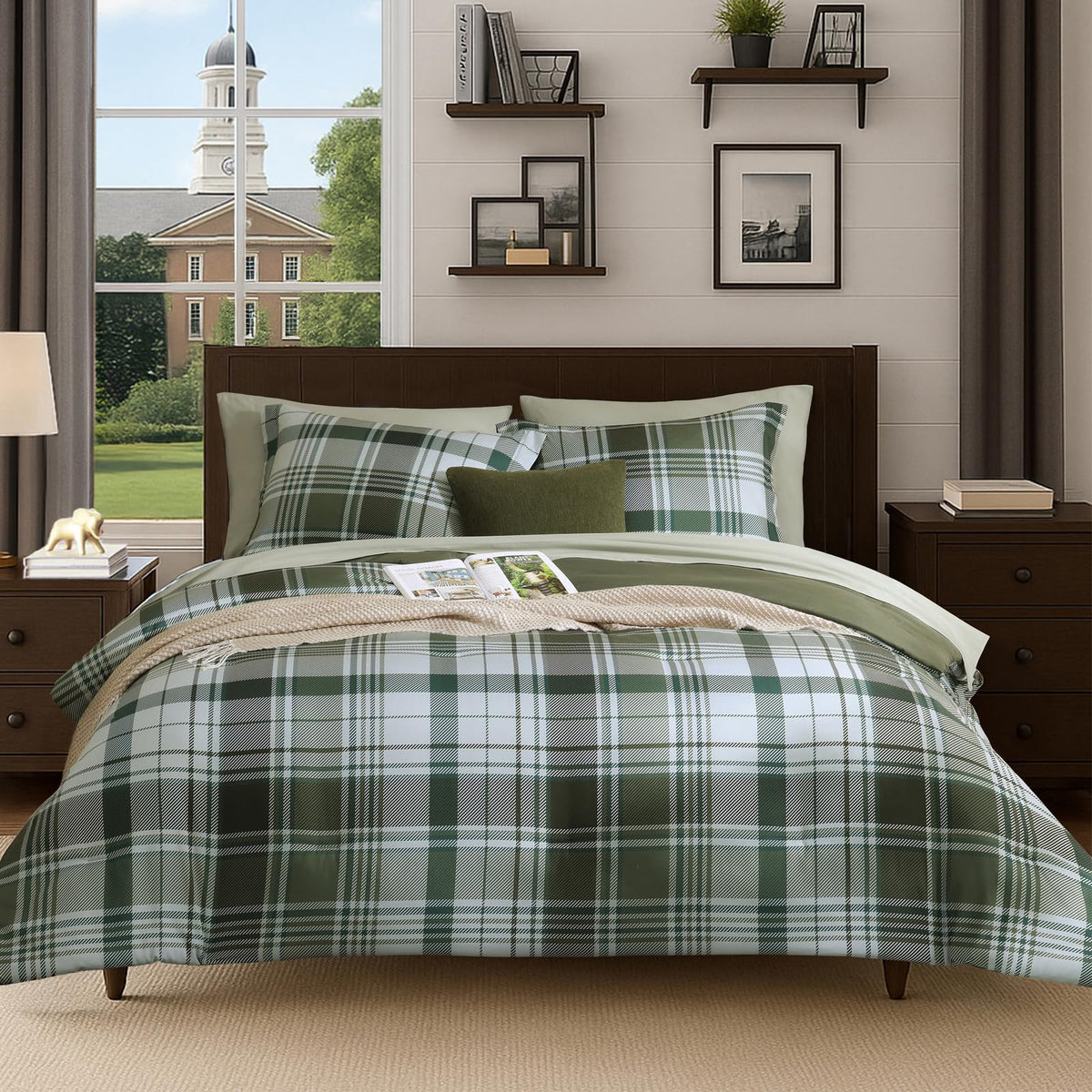 MaiRêve Queen Comforter Set, Classic Plaid Farmhouse Bedding Sets 7 Pieces, Beige All Season Bed in A Bag with Sheets, Pillowcases & Shams