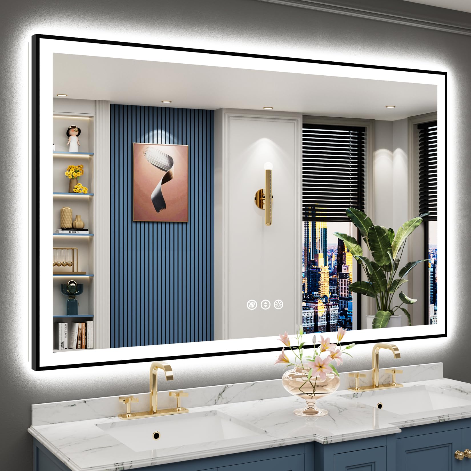 24x32 Black Framed LED Bathroom Mirror with Lights, Backlit and Front Lit Anti-Fog Lighted Vanity Mirrors for Bathroom Wall, Dimmable, 3 Colors, Memory, HD Tempered Glass, Horizontal/Vertical