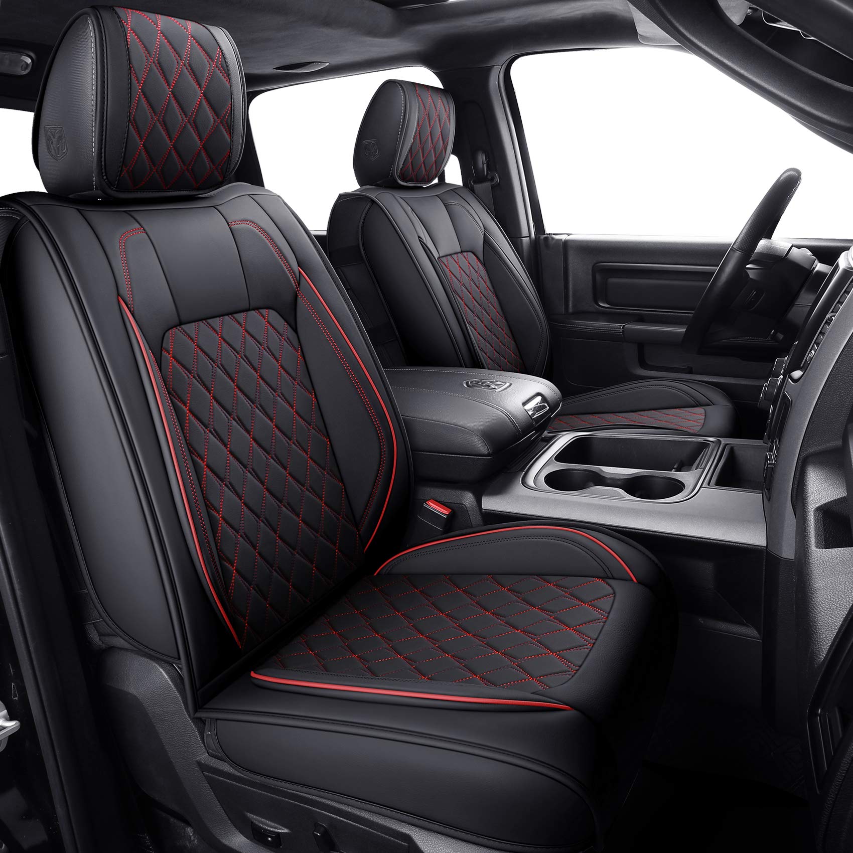 Aierxuan Dodge Ram Front Seat Covers Custom Fit 2009-2026 1500/2500/3500 Truck Pickup Crew Quad Regular Cab Heavy Duty Waterproof Leather Airbag Compatible Cushions(2 PCS Front/Black)