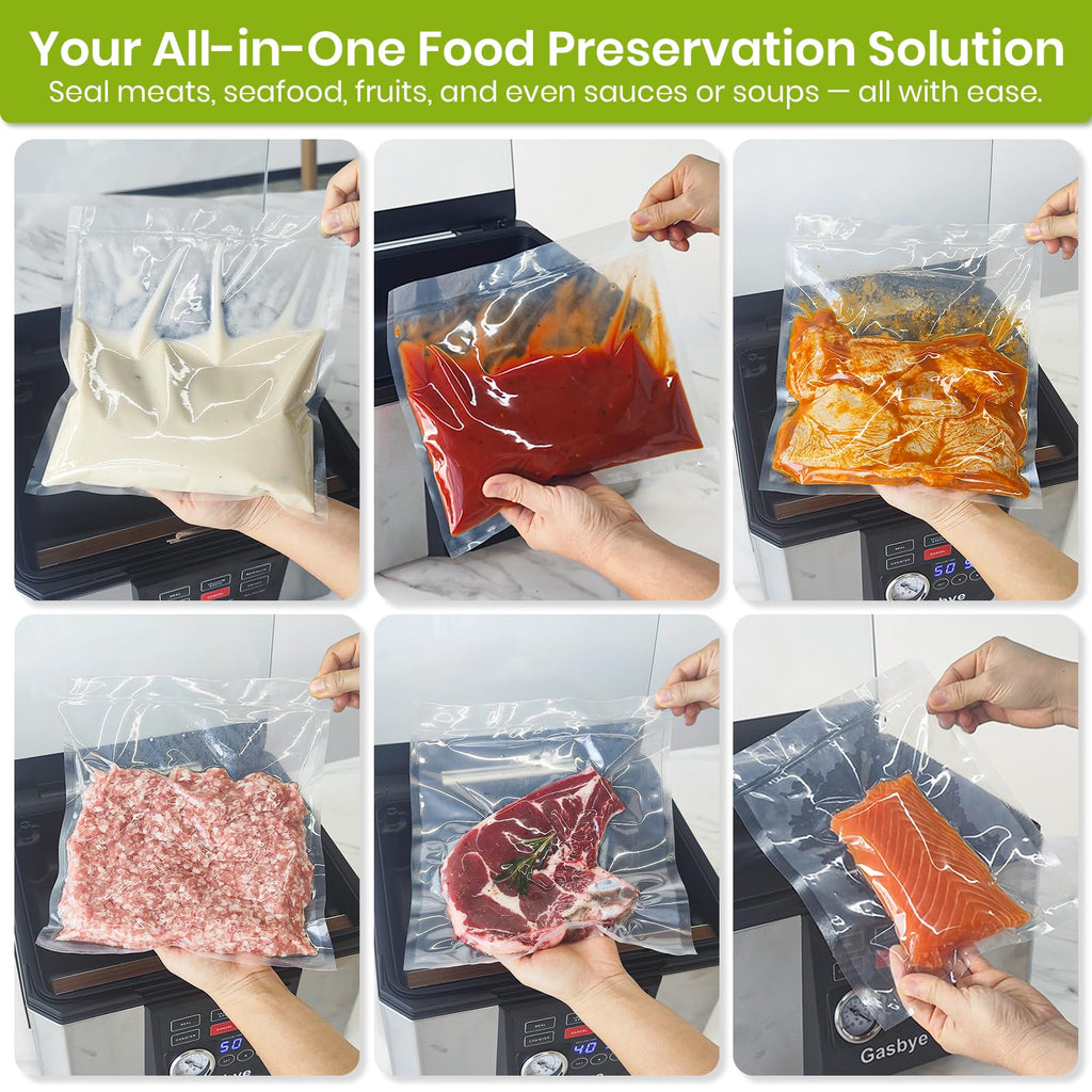 Gasbye 95kPa Precision Vacuum Sealer Machine, Double Heat Seal for Dry/Moist Food, Easy-Lock Handle, Built-in Bag Storage & Cutter, Progress Display, Pulse Mode, Removable Drip Tray, Silver