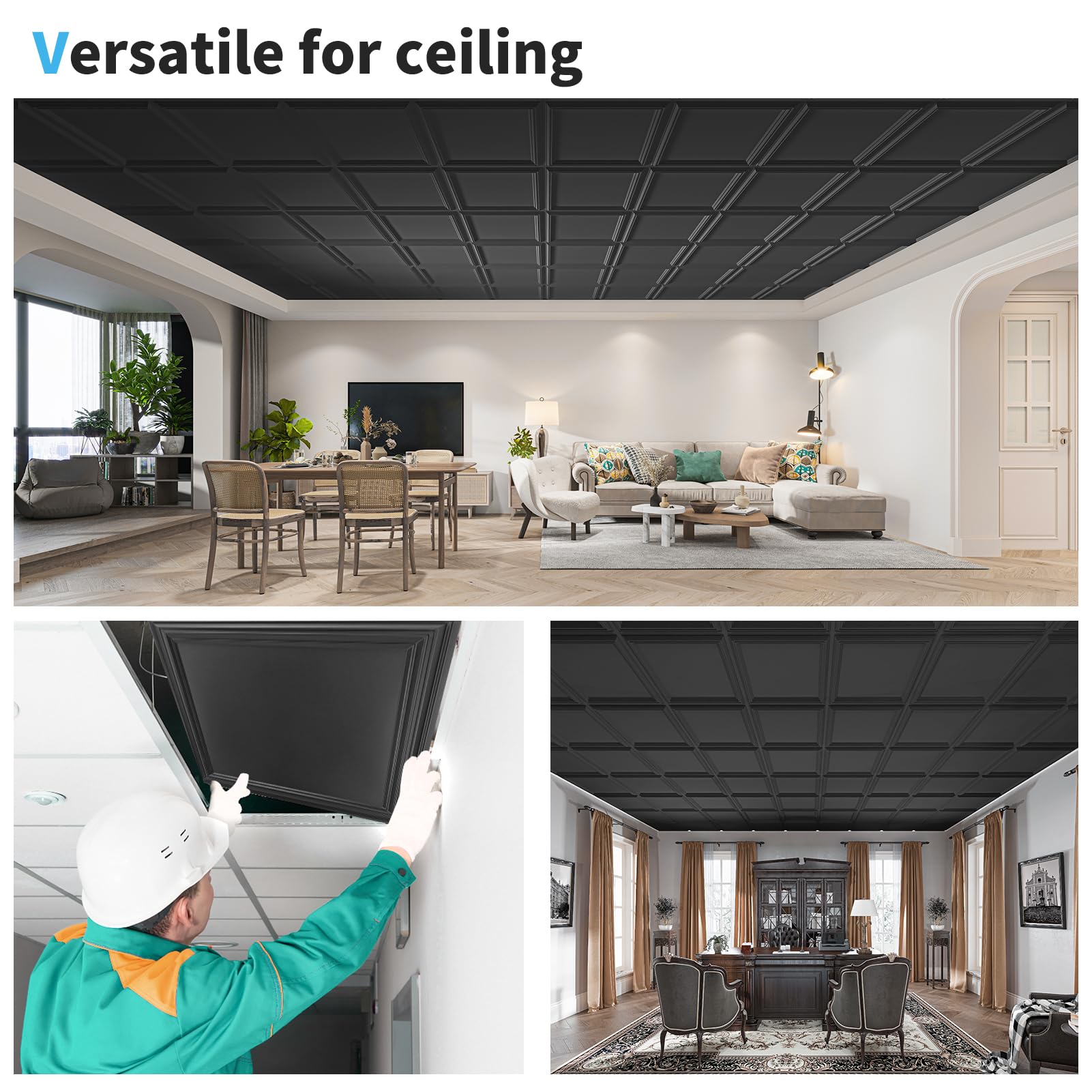 Art3d Drop Ceiling Tiles 24x24in. (12-Pack, 48 Sq.ft), Wainscoting Panels Glue Up 2ft x 2ft for Interior Décor in Living Room, Bedroom & Office, Star Black