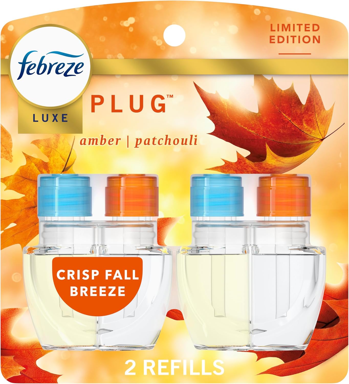 Febreze Plug In Air Freshener, Odor-Fighting Scented Oil Refill, Air Fresheners for Home and Bathroom and Kitchen, Long Lasting for Strong Odors, Crisp Fall Breeze Scent, 0.87oz Refills, 2 Count