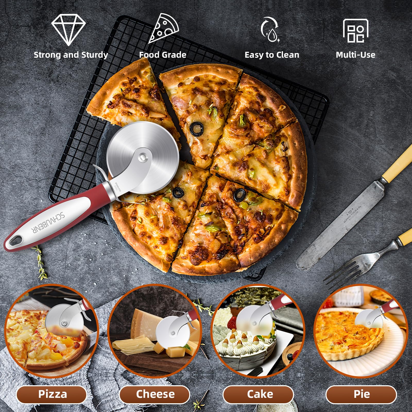 SCHVUBENR Premium Pizza Cutter Wheel - Ultra Sharp Stainless Steel Pizza Slicer with Non-Slip Soft Grip Handle - Multi-Purpose Cutter for Pizza, Dough & Pastry - Dishwasher Safe, Easy to Clean - Black