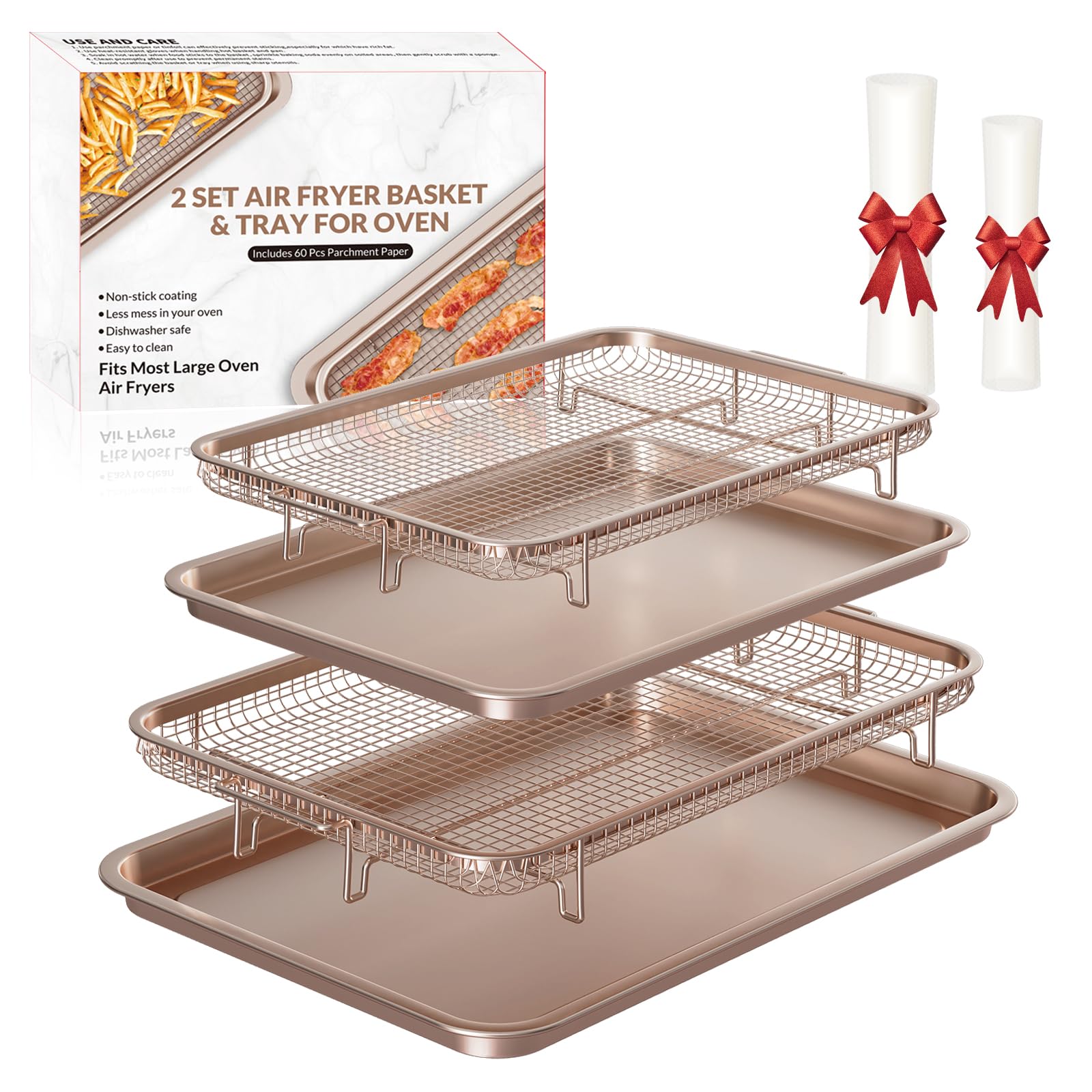 Air Fryer Basket for Oven, Large14.88"×10.98"Air Fryer Pans for Convection Oven with 30 Sheet Parchment Papers, THORSES Non-Stick Stainless Steel Air Fryer Basket and Tray for Multi Cooking - Black