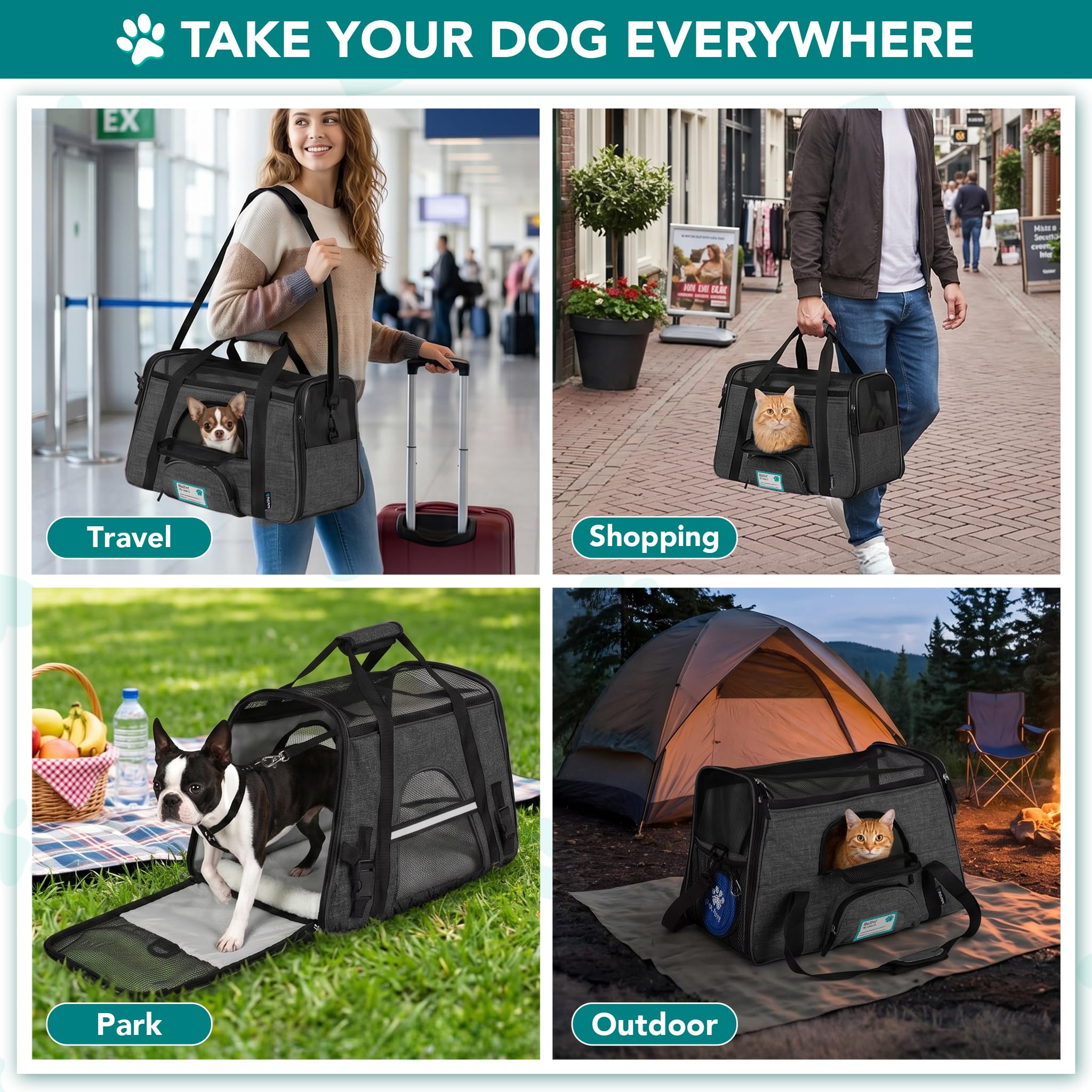 PetAmi Airline Approved Pet Carrier for Cats & Small Dogs, Soft Sided TSA Travel Carrier Bag with Sherpa Bed, Breathable Mesh Ventilation, Collapsible Bowl, Fits Under Seat, Up to 18 lbs, Small Black