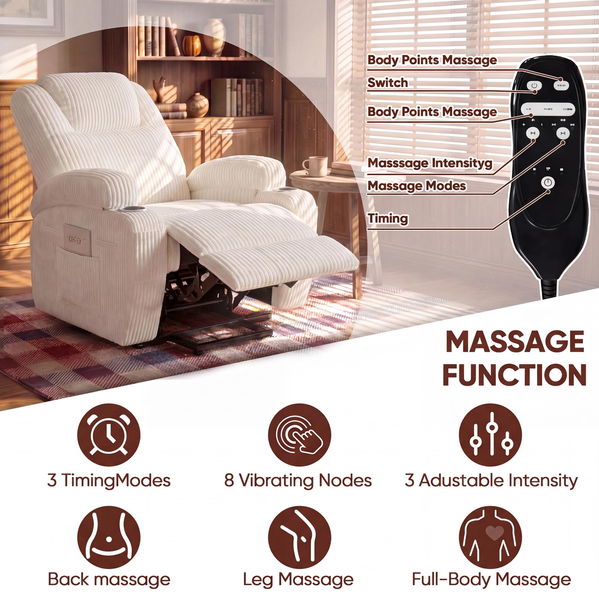 Furmax Electric Power Lift Recliner Chair with Massage for Elderly Corduroy Fabric Recliner Single Sofa with Cup Holders, Side Pockets and Remote Control for Living Room Bedroom (Leathaire, Brown)