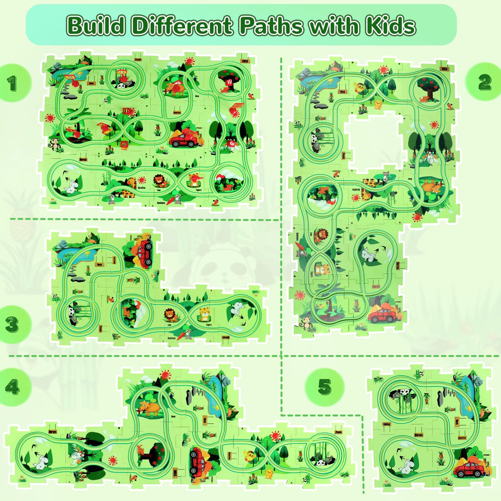 Puzzle Track Car Play Set with 12 Dinosaur Figures, Plastic Railcar Floor Puzzles for Kids Ages 3-5 with Vehicles, Toys Gifts for 3 4 5 6 Year Old Boys