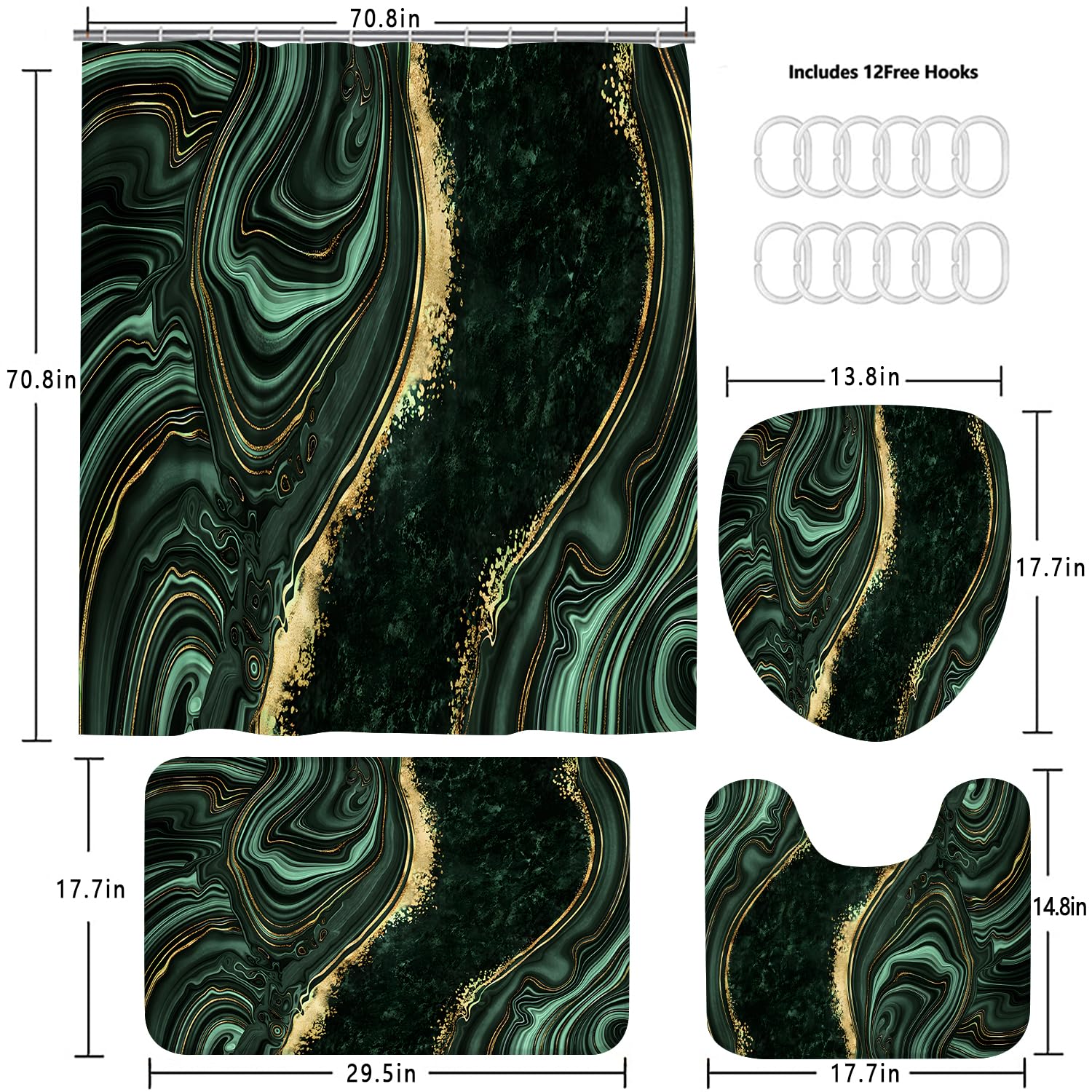 Nkzply 4 Pcs Black Marble Shower Curtain Sets with Rugs Gold Bathroom Sets with Shower Curtain and Rugs Modern Abstract Bathroom Decor Accessories Shower Curtains for Bathroom Toilet Lid Cover