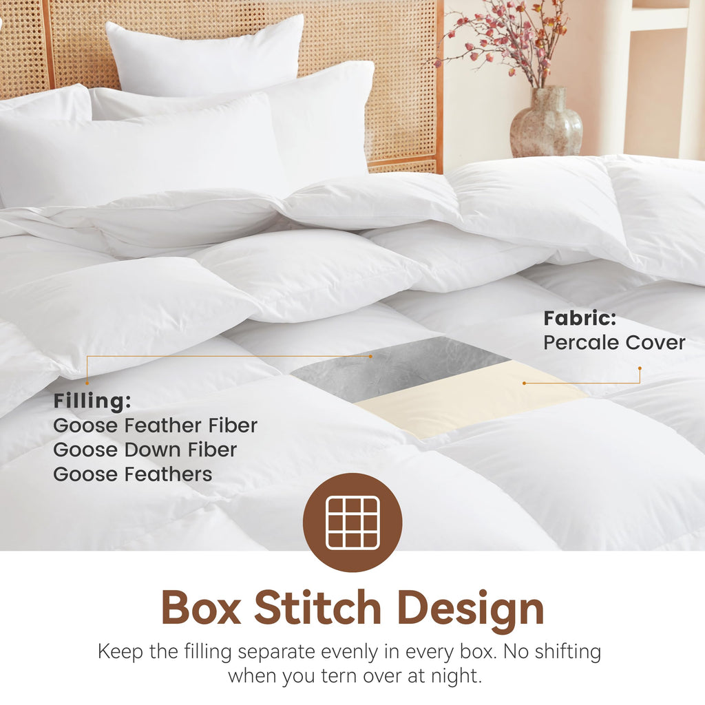 Goose Feather Down Fiber Comforter King Size, All Season Duvet Insert, 750+FP Hotel Bed Comforter, Ultra Soft 100% Organic Cotton Fabric, 106x90 Inches