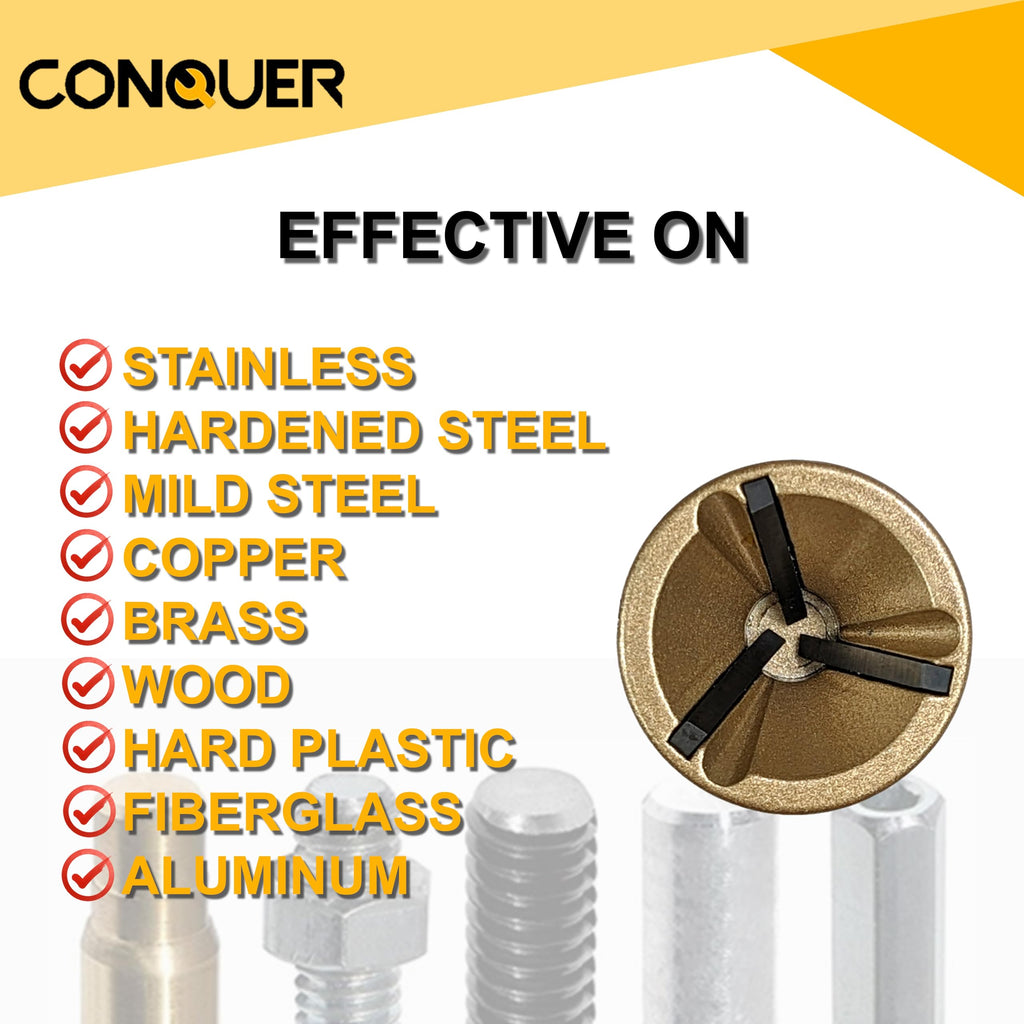 CONQUER Tools Deburring External Chamfer Tool, Premium Tungsten Blade, Deburring Drill Bit, Remove Burr Tools Quick Release Shank Fits for 1/2"-1 3/8"(13mm-35mm) Stainless Steel Burr Removal