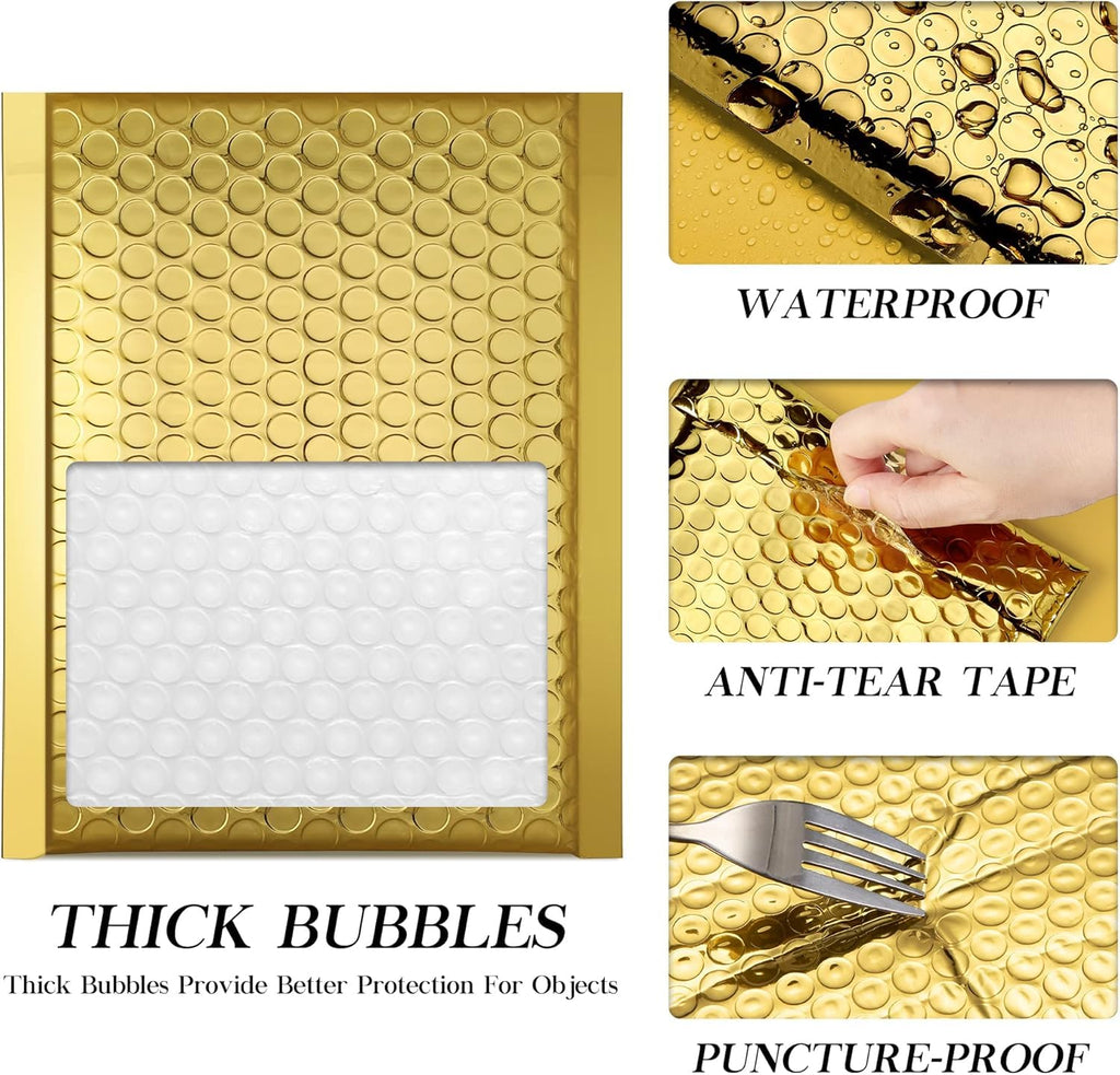 Fuxury Gold Bubble Mailers 4x8" 50 Pack, Usable Size 4X7" Strong Adhesion Metallic Bubble Envelopes,Waterproof Padded Envelopes Small Padded Mailer, Cute Packing for Jewelry, Makeup Supplie,Bulk #000