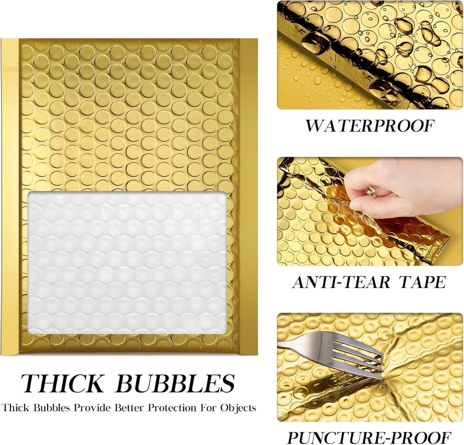 Fuxury Gold Bubble Mailers 4x8" 50 Pack, Usable Size 4X7" Strong Adhesion Metallic Bubble Envelopes,Waterproof Padded Envelopes Small Padded Mailer, Cute Packing for Jewelry, Makeup Supplie,Bulk #000