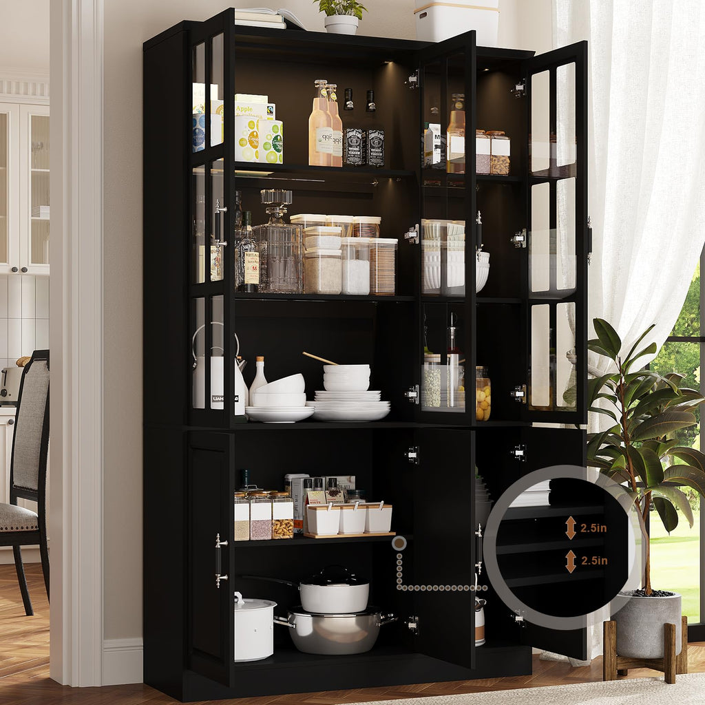 MEISSALIVVE Kitchen Pantry Storage Cabinet with LED Lights, 78.7" Tall with Glass Doors & Drawers, Freestanding Utility Cabinet, Black (31.5" W x 15.7" D)