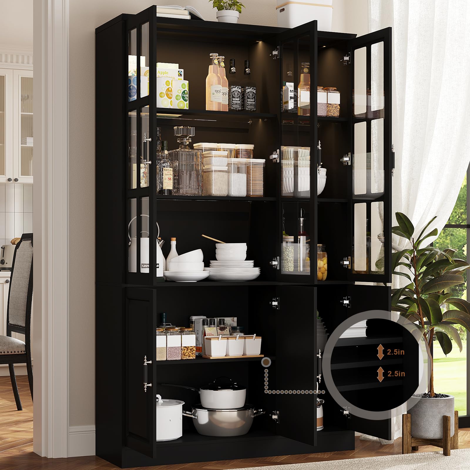 MEISSALIVVE Kitchen Pantry Storage Cabinet with LED Lights, 78.7" Tall with Glass Doors & Drawers, Freestanding Utility Cabinet, Black (31.5" W x 15.7" D)