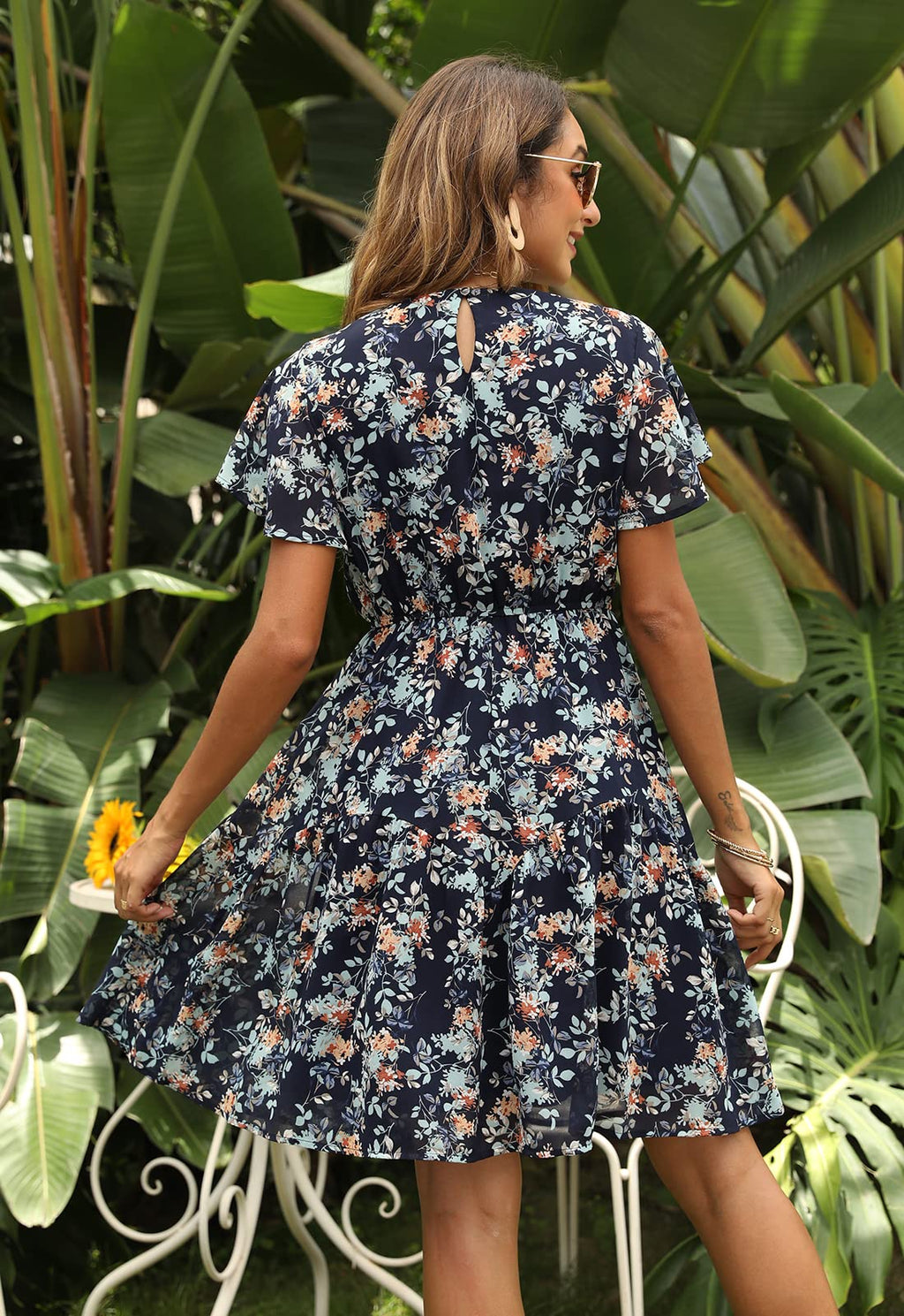 Manydress Women's Chiffon Floral Dresses Casual Summer Boho Flutter Sleeve Flowy Skater Western Dress MY112