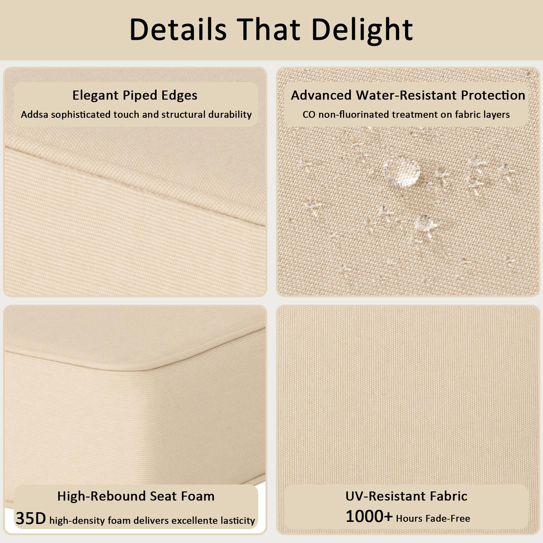 COZYVIDA 5.1" Thick Outdoor Patio Cushions Set of 2, 22"x24"x5.1" Seat, C0 Water-Resistant Breathable Fabric, UV-Resistant 1000+ Hrs, 35D Foam with Recycled Fiber Fill,Beige