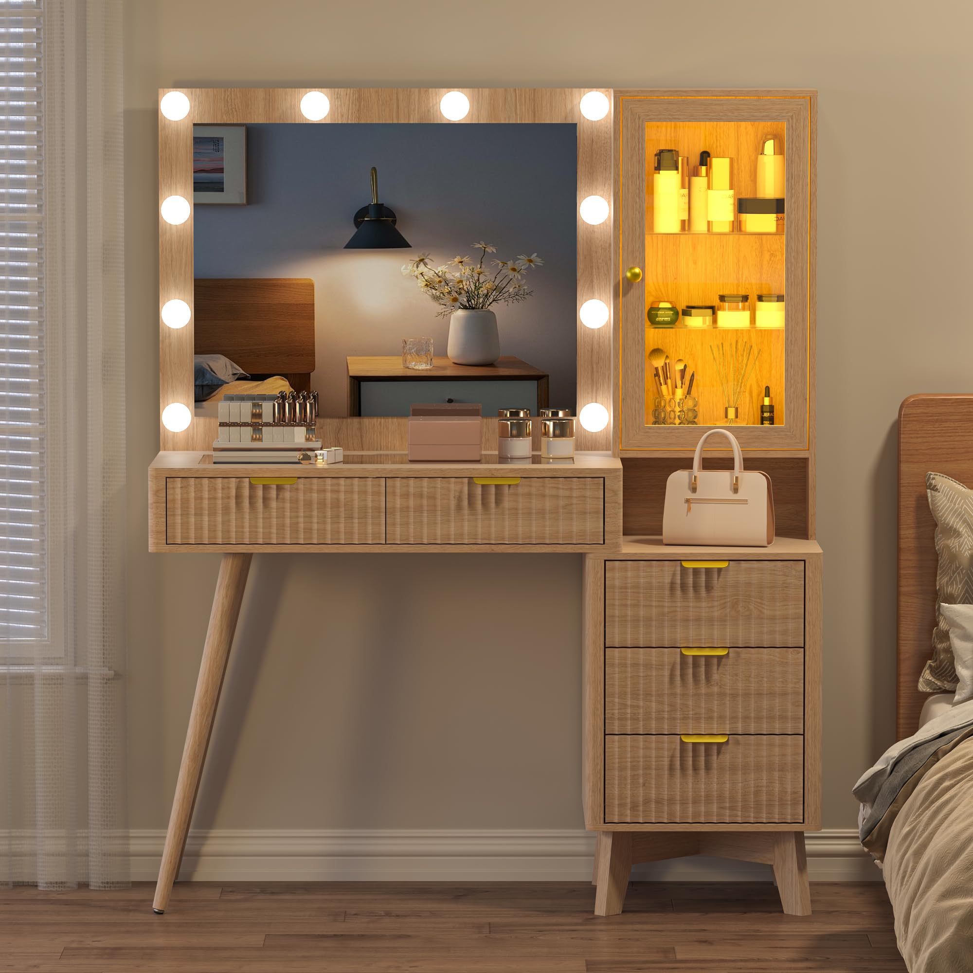 BORNOON 45” Fluted Makeup Vanity Desk with Mirror and Lights, Glass Top Dressing Table with 5 Drawers, LED Lighted Adjustable Cabinet, Trays & Charging Station for Bedroom Dressing Room
