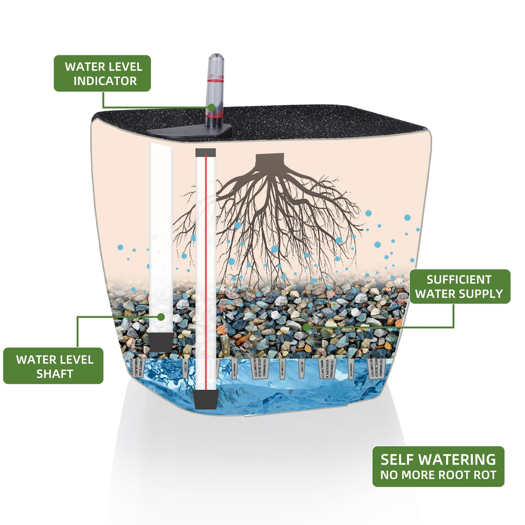 Dexceder 9x8 Self Watering Planter (Black High Gloss) | Inner Mat Design, Thickened Table Flower Plant Pot with Water Level Indicator Indoor Outdoor