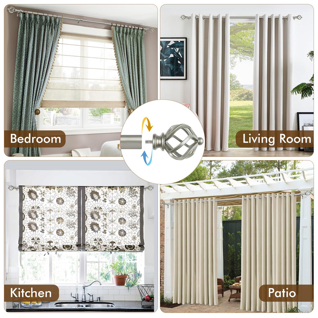 KAMANINA Silver Curtain Rod 32 to 58 Inch(2.6-4.8ft), Adjustable Curtain Rods for Windows 28 to 48 Inch, 3/4 Inch Splicing Drapery Rods with Twisted Cage Finial