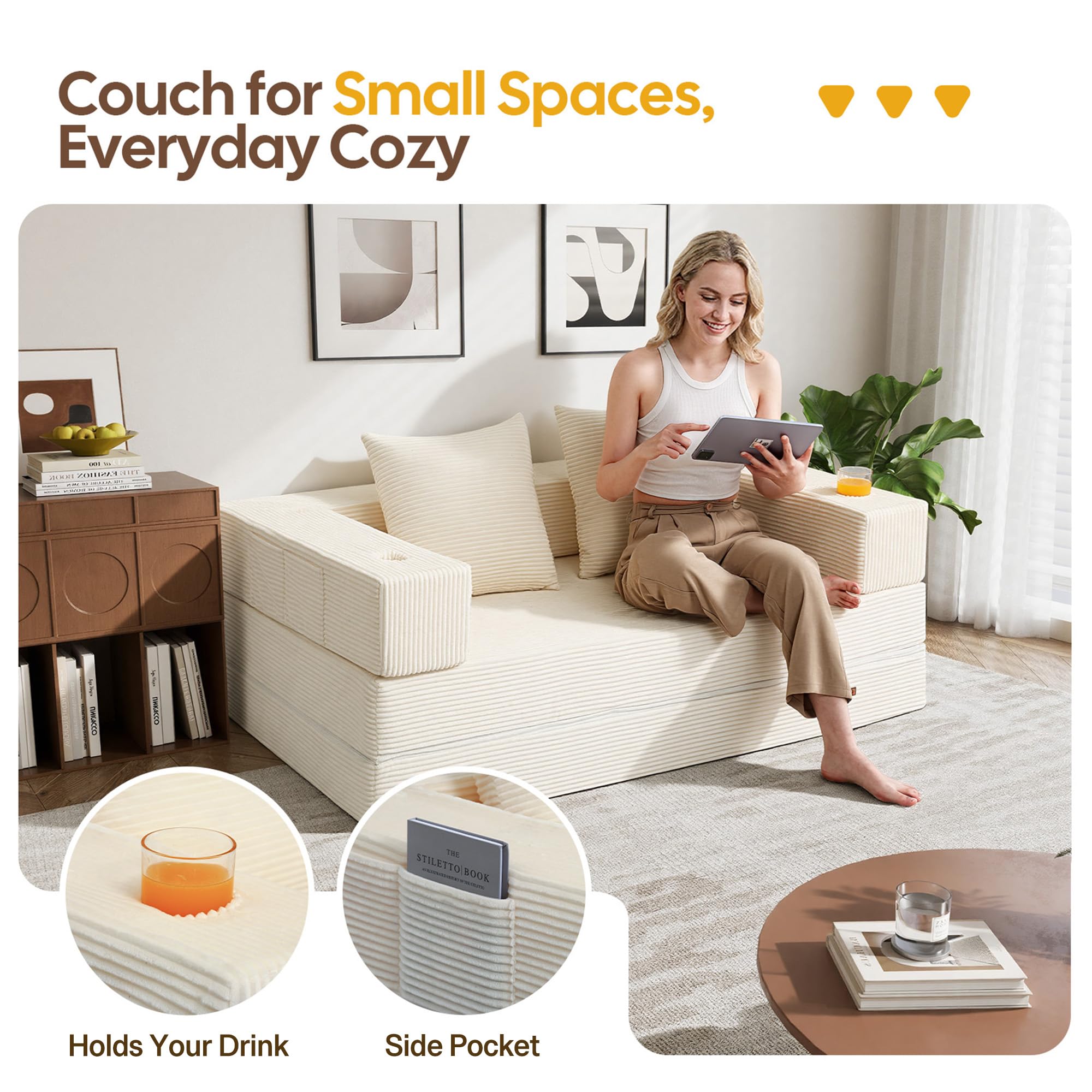 COMAX Futon Sofa Bed, 4‑in‑1 Convertible Sofa Bed, Folding Boneless Couches | Boneless Couch for living room, Fold Out Small Foldable Loveseat Floor Sleeper Mattress Lounge Space‑Saving, Ash Gray