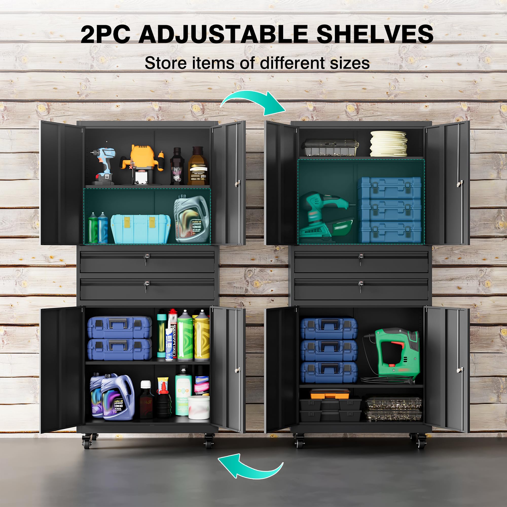SISESOL Wide & Deep Metal Storage Cabinet with Wheels,Tall Rolling Garage Storage Cabinet with Lock,Black Metal Cabinets with Pegboards and Shelves,Tool Locker for Garage,Home,Office,43''Wx 20''Dx71"H