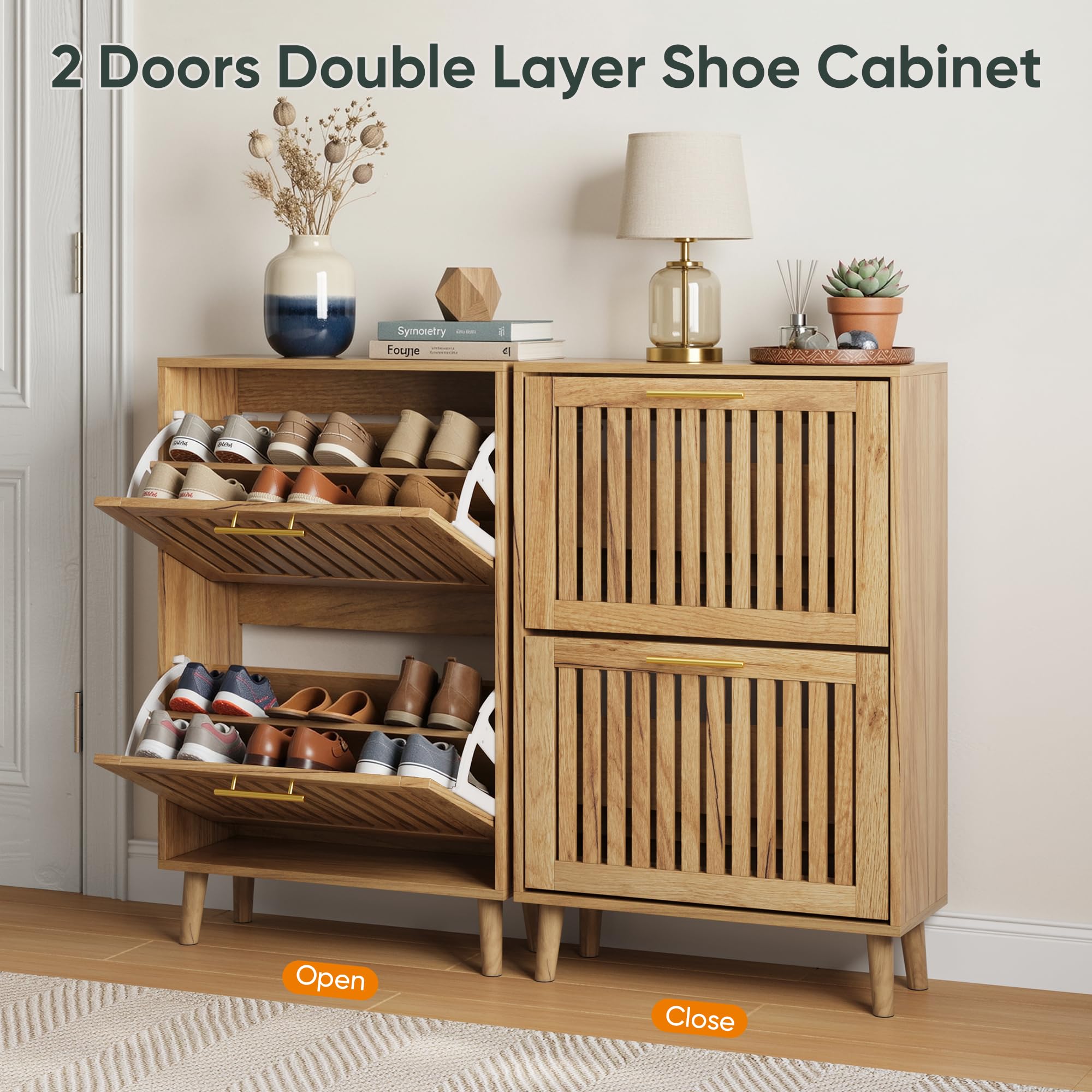 Smart FENDEE Shoe Cabinet with 2 Flip Slatted Drawers, Farmhouse Slim Shoe Organizer Rack with Golden Handles, Freestanding Hidden Entryway Storage for Hallway, Natural