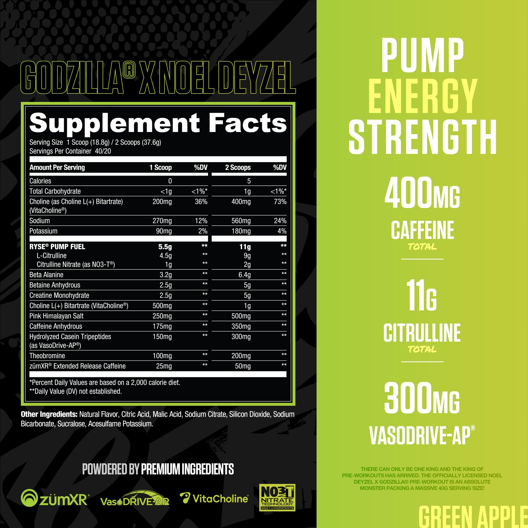 RYSE Godzilla X Noel Deyzel Pre Workout Powder - BlackBerry Lemonade - 400mg Caffeine, High Stim Pre-Workout for Men & Women with Citrulline & Beta Alanine - Energy, Pump & Focus - 20/40 Servings
