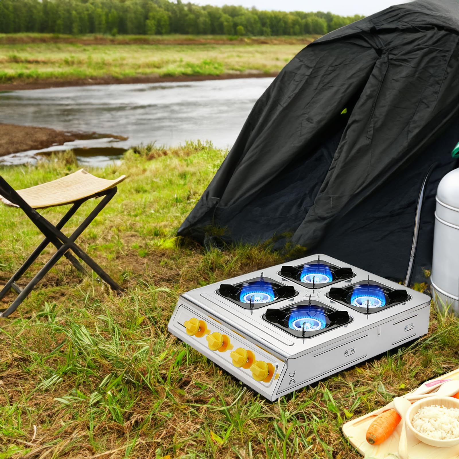 Vivicreate 3 Burner Propane Gas Stove 30000 BTU Stainless Steel Cooktop with Enamel Pan Supports Electronic Ignition for Outdoor Cooking Camping BBQ Estufa de Gas Portátil Fogón de Gas