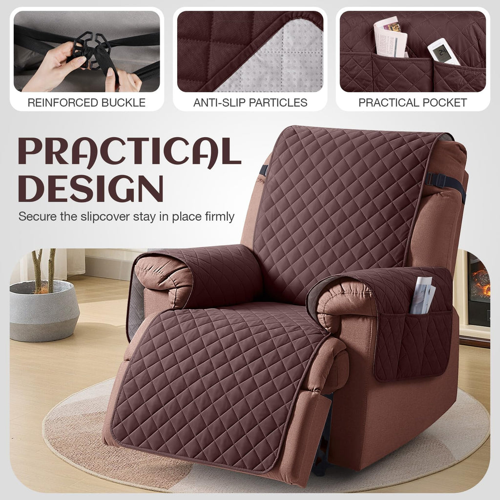 KinCam 100% Waterproof Recliner Chair Cover, Reclining Couch Covers for Pets, Dogs, Recliner Couch Slipcover Furniture Protector with Elastic Straps for Kids(23.6", Beige White)