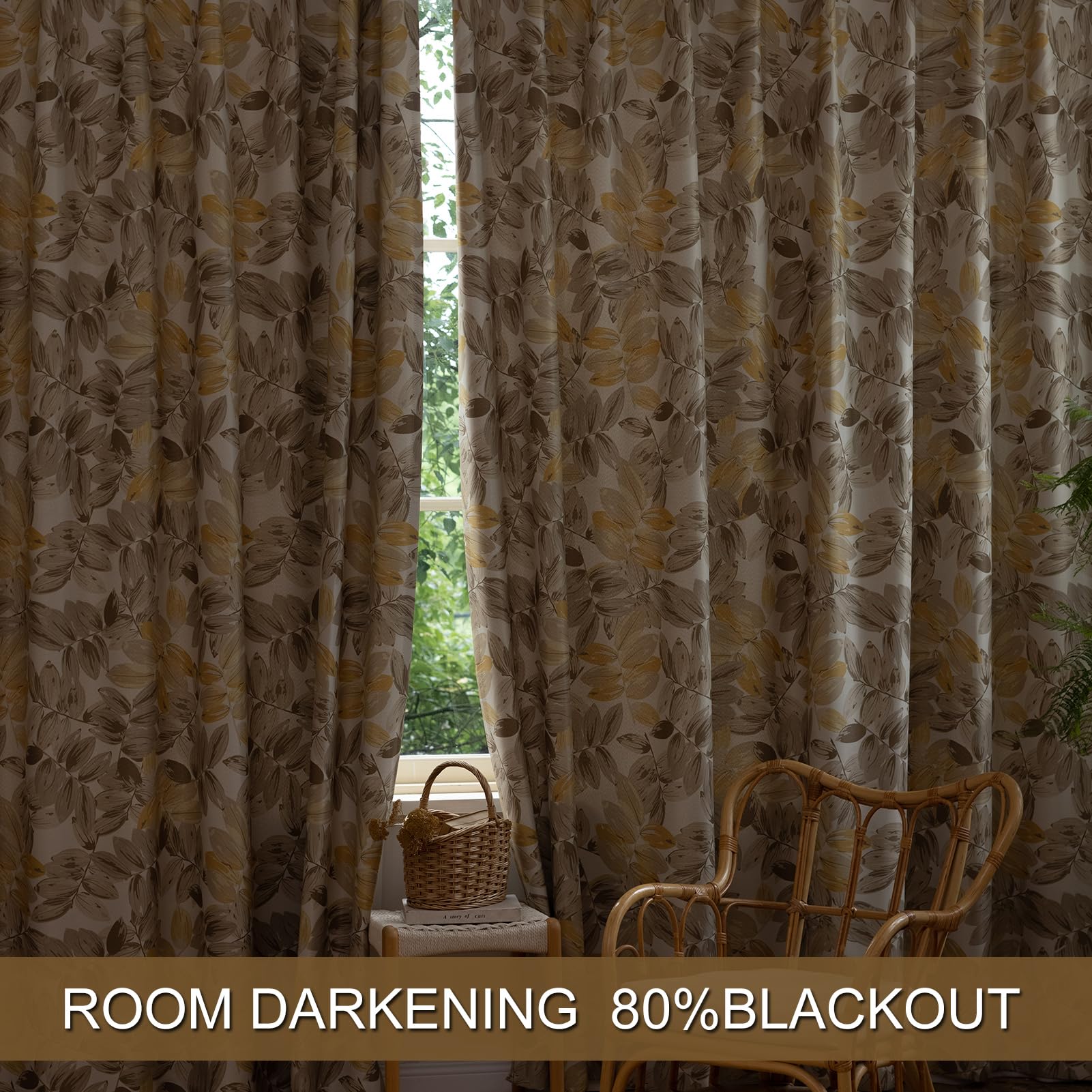 SUOUO Brown Floral Blackout Curtains for Bedroom Patterned Leaf 84 inches Long Room Darkening Window Drapes for Living Room 2 Panels