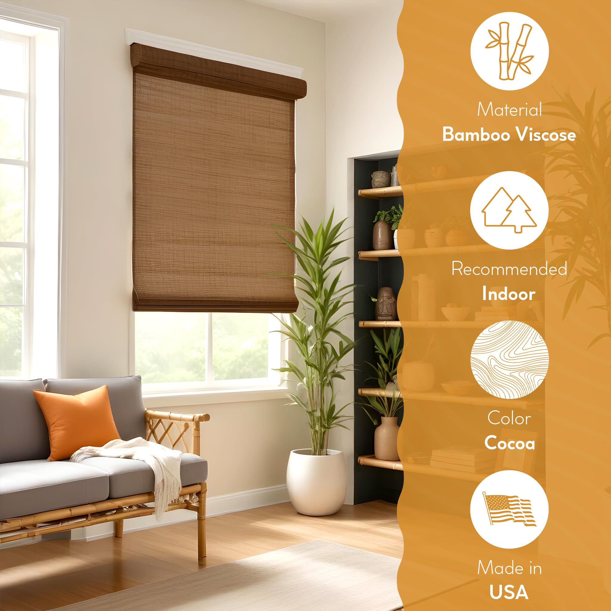 Radiance Cordless Bamboo Roman Shades for Windows - Flatstick Bamboo Blinds for Semi-Private Light Control - Easy to Lift & Fold Up Window Shades - Cocoa - 23 in. W x 64 in. L - (2216300E)