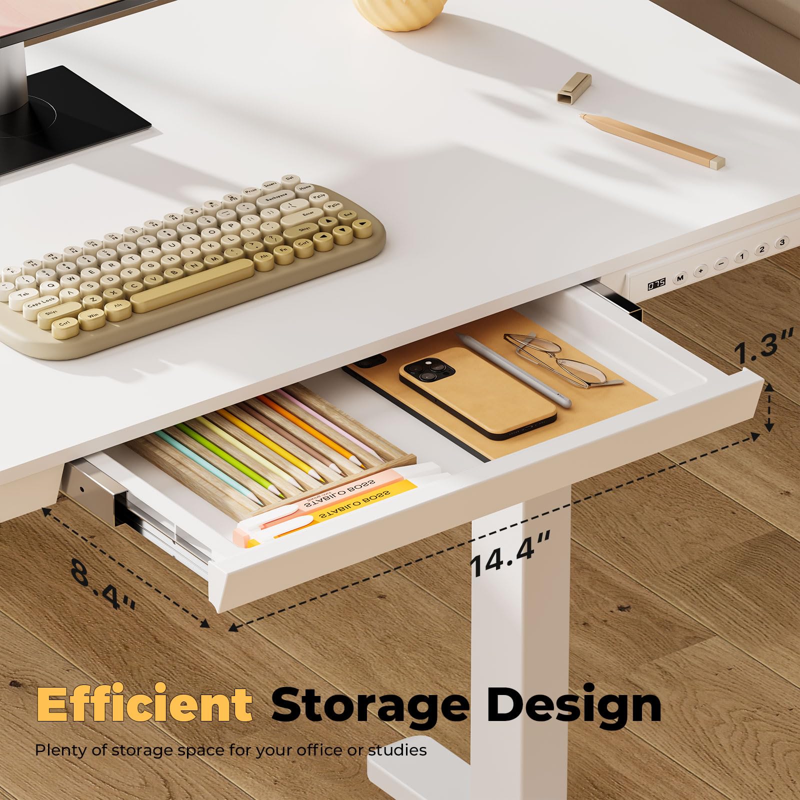 Glass Electric Standing Desk with Drawer, 35" x 20" Whole Piece Tabletop Samll Sit Stand Table, Height Adjustable Workstation with Storage & USB Ports, Quick Install Home Office Desk