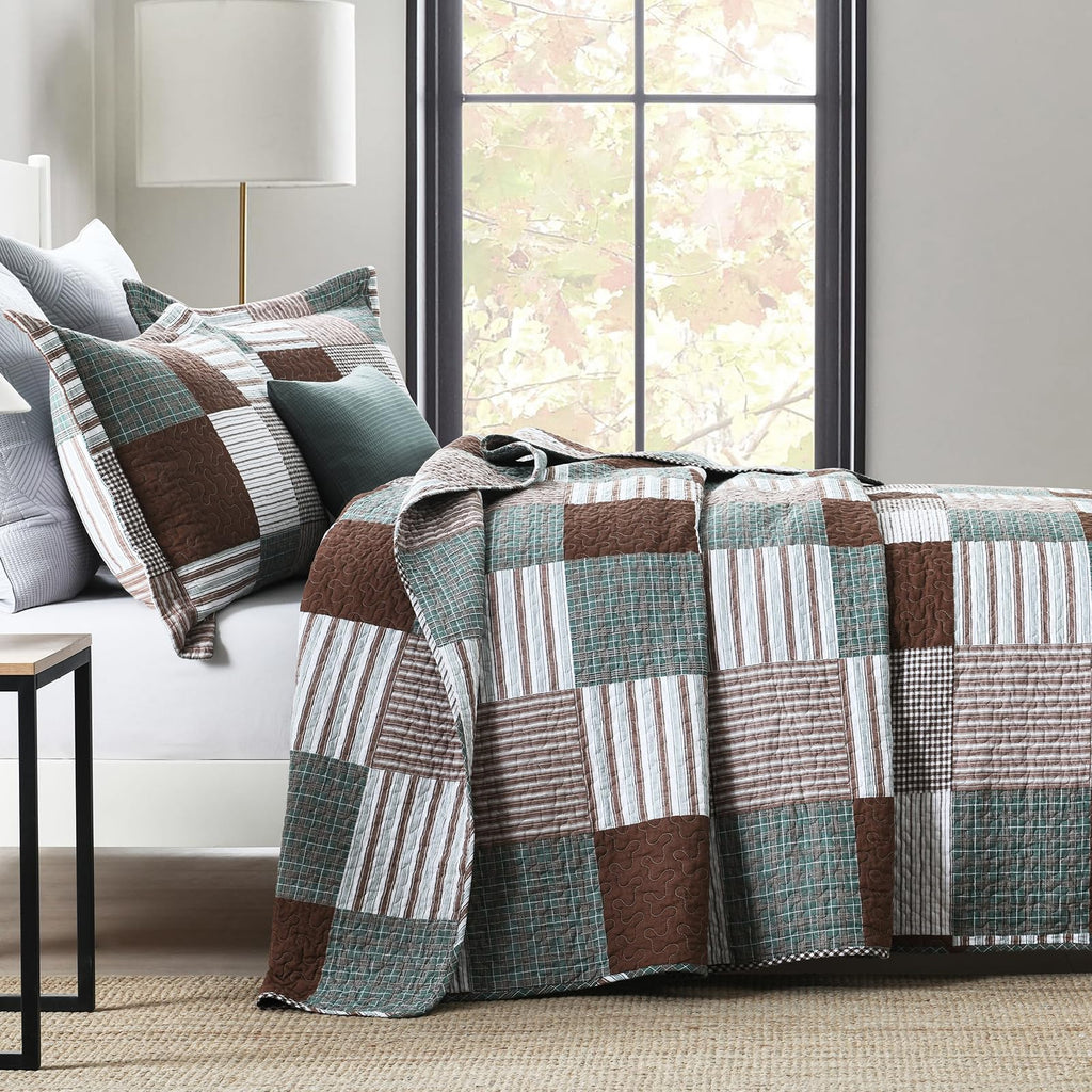 Y-PLWOMEN 100% Cotton Farmhouse Plaid Lightweight 3-Pieces Quilt Set (Blue Brown, Queen90 * 98 Inch)