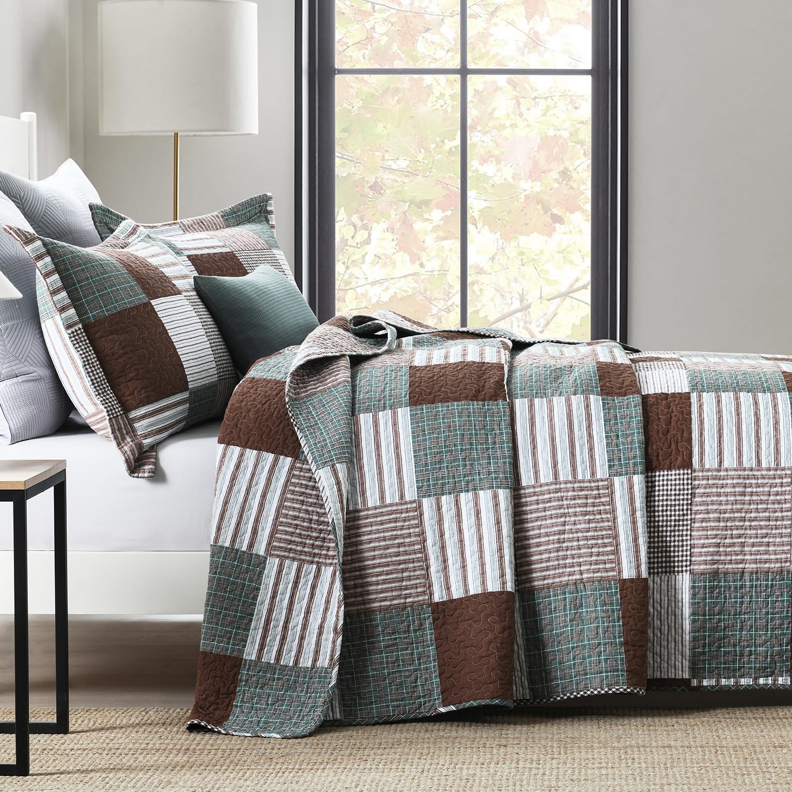 Y-PLWOMEN 100% Cotton Farmhouse Plaid Lightweight 3-Pieces Quilt Set (Blue Brown, Queen90 * 98 Inch)