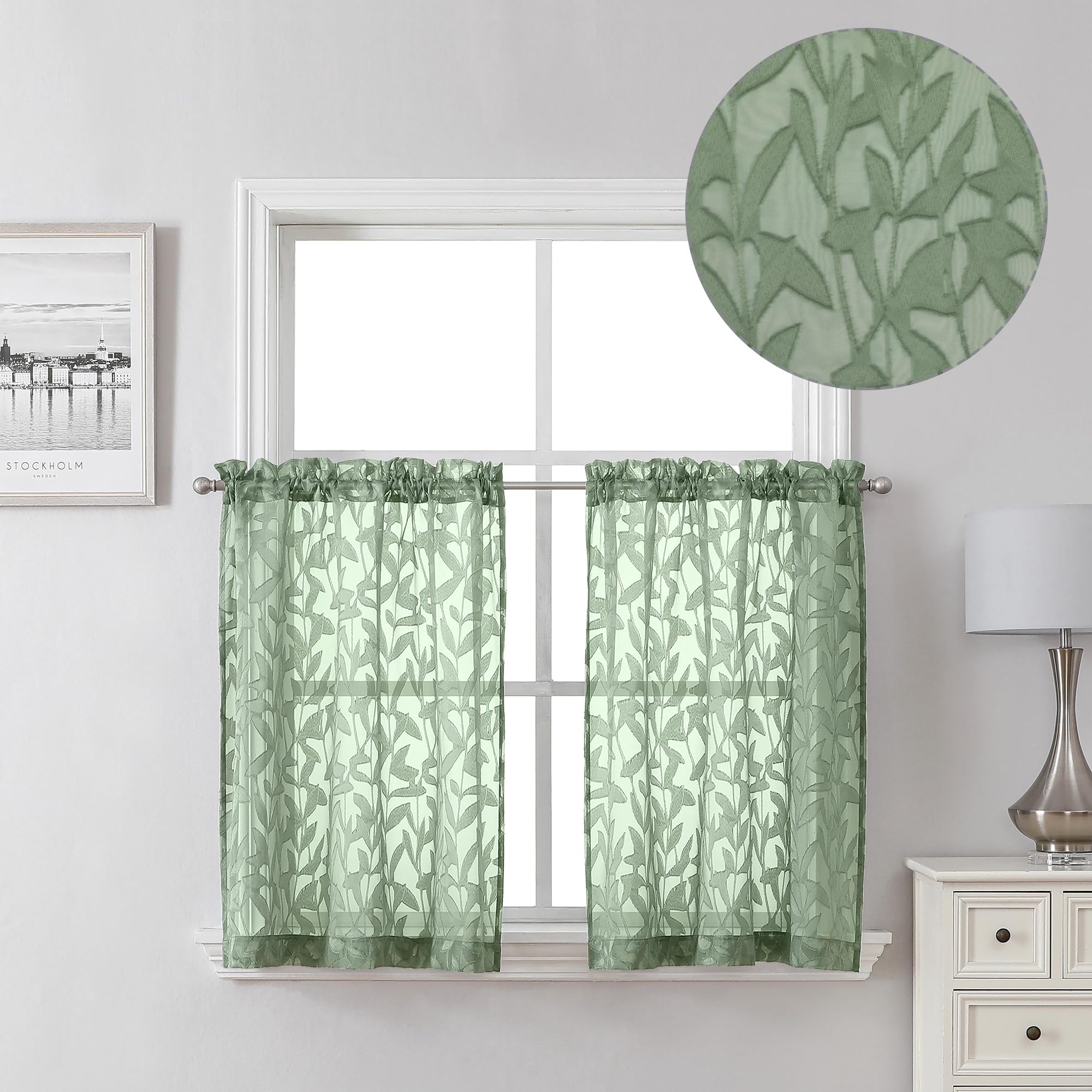 Lecloud Leia 14 Inch Black Sheer Valances for Windows 2 Pcs, Airy Jacquard Leaf Textured Short Curtains for Living Room Kitchen Bedroom Basement, Dual Rod Pockets Small Curtain, 28" W x 14" L