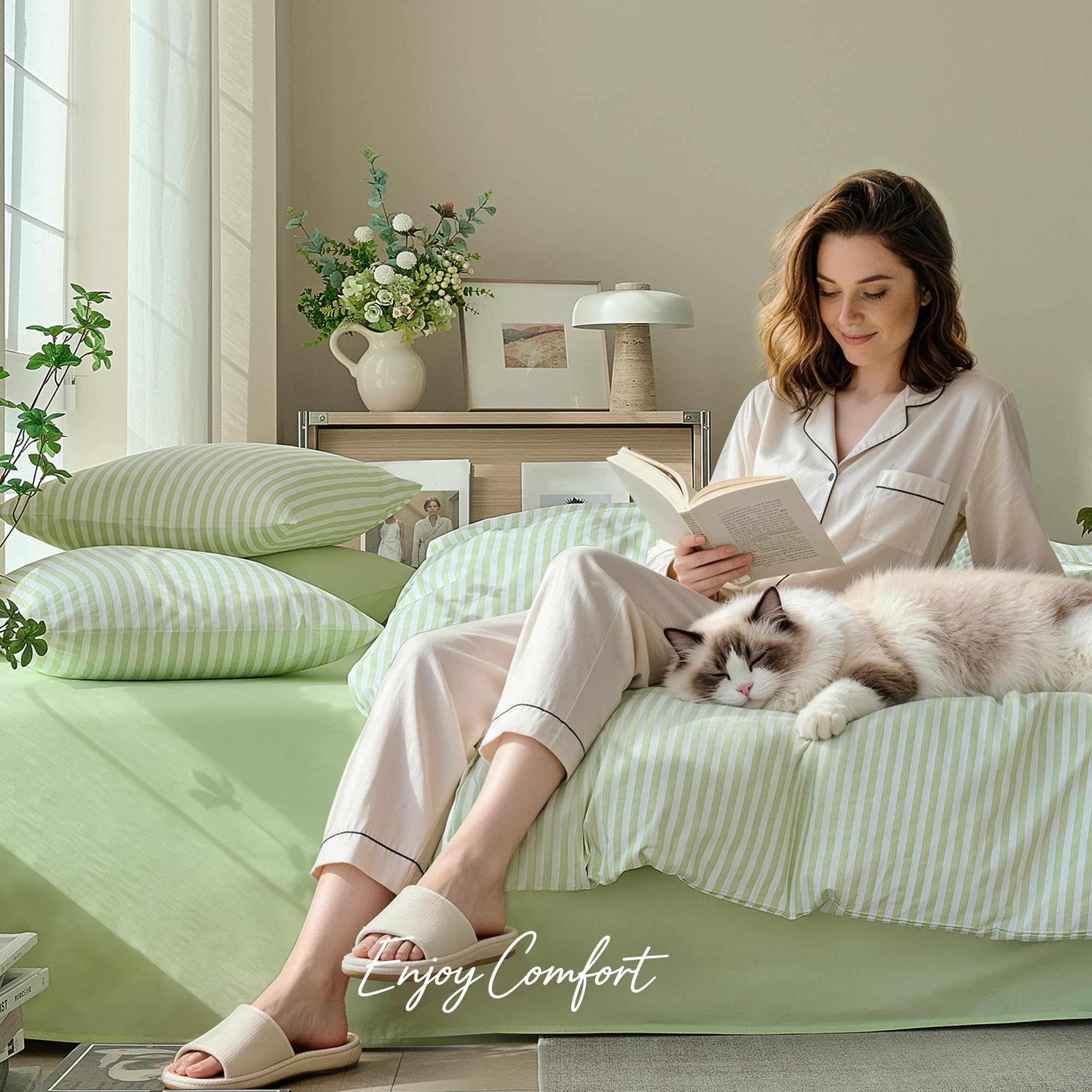 JELLYMONI Cotton Striped Pillowcases Set of 2, Sage Green, Standard | Soft breathable feel, Envelope closure, 400TC cotton, Machine washable, Gentle on skin