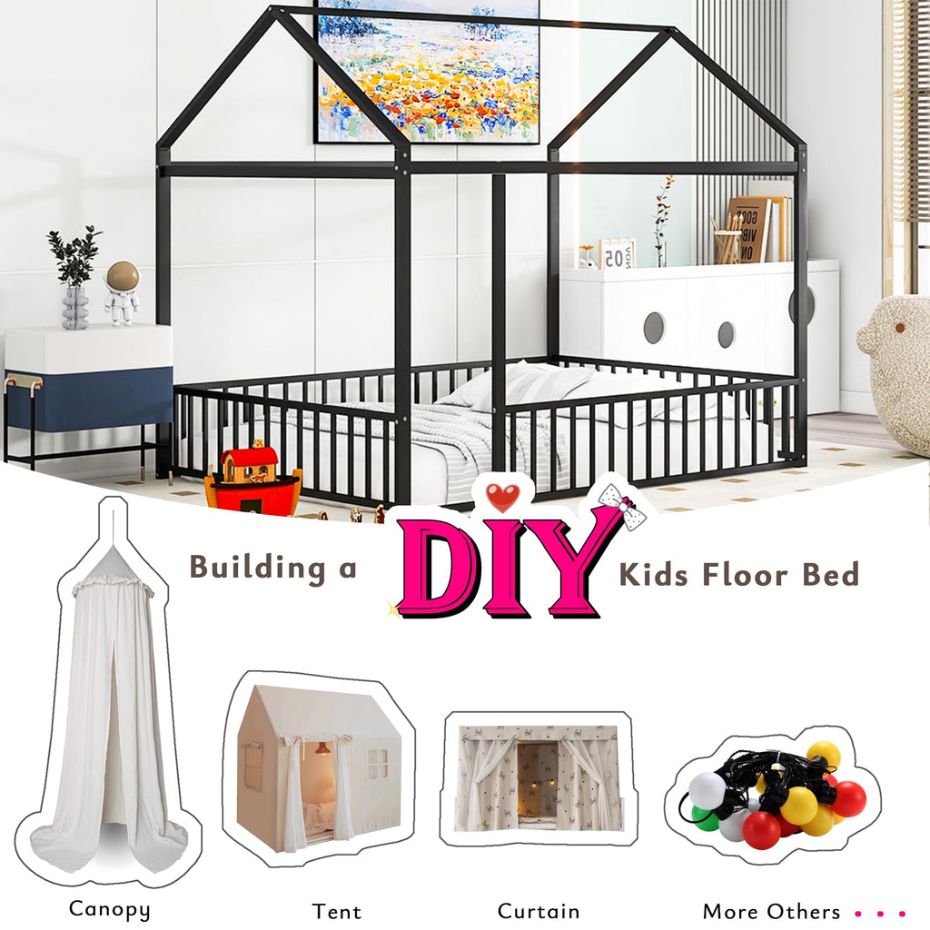 Bellemave Twin Size Montessori Floor Bed, Metal House Bed Framefor Kids, Montessori Floor Beds with Fence, Playhouse for Kids,Black