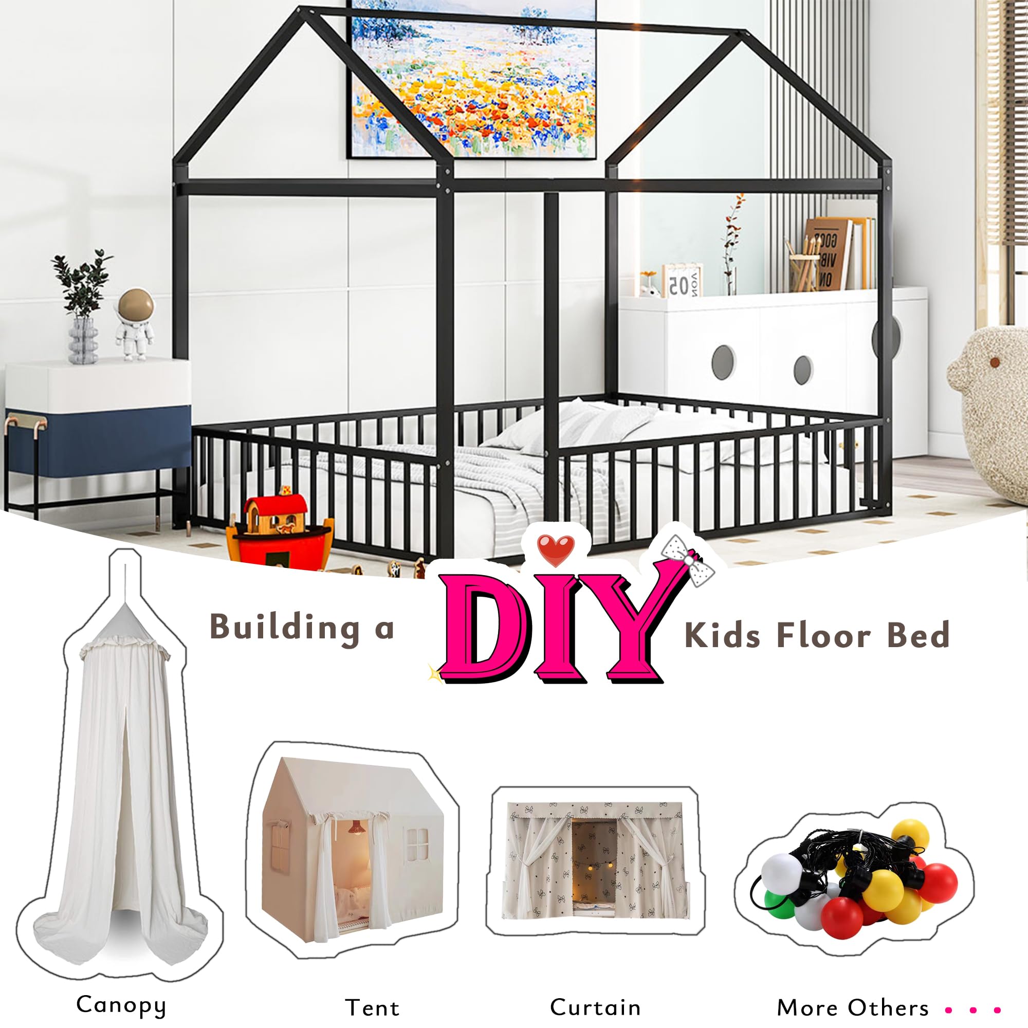 Bellemave Twin Size Montessori Floor Bed, Metal House Bed Framefor Kids, Montessori Floor Beds with Fence, Playhouse for Kids,Black