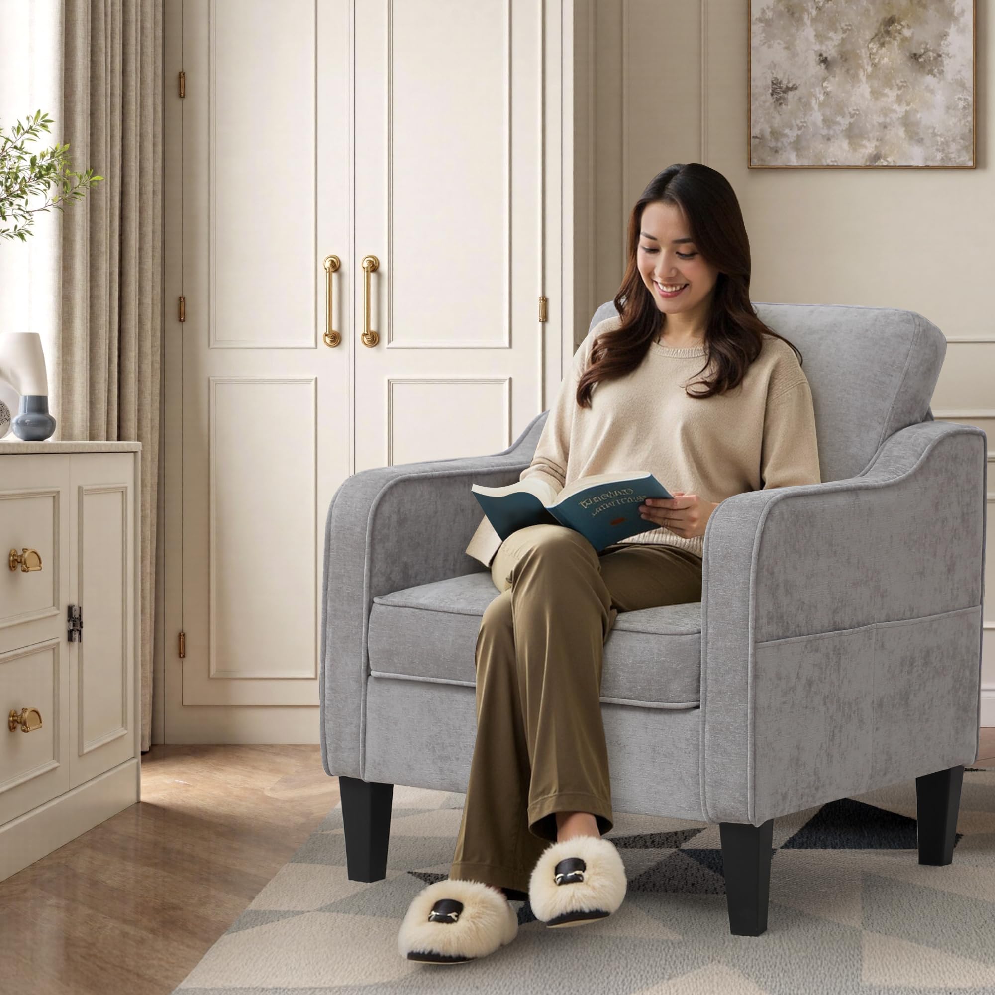 Accent Chair for Living Room, Mid Century Modern Reading Chair for Bedroom, Upholstered Armchair with Side Pockets, Comfy Single Sofa Side Chair for Office, Apartment, Small Room, Beige