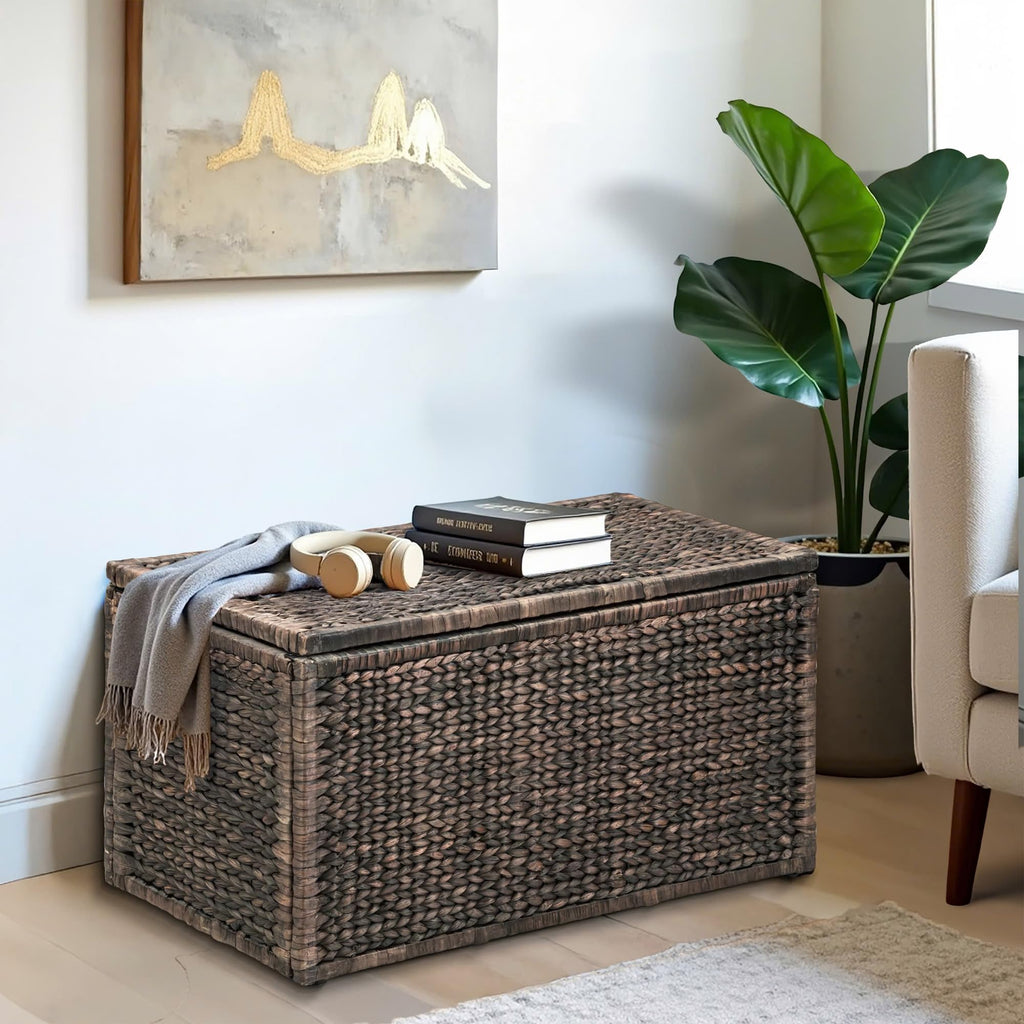 eHemco Heavy-duty Water Hyacinth Wicker Storage Trunk with Metal Frame, 30 by 17.5 by 17.5 Inches, Brown Wash