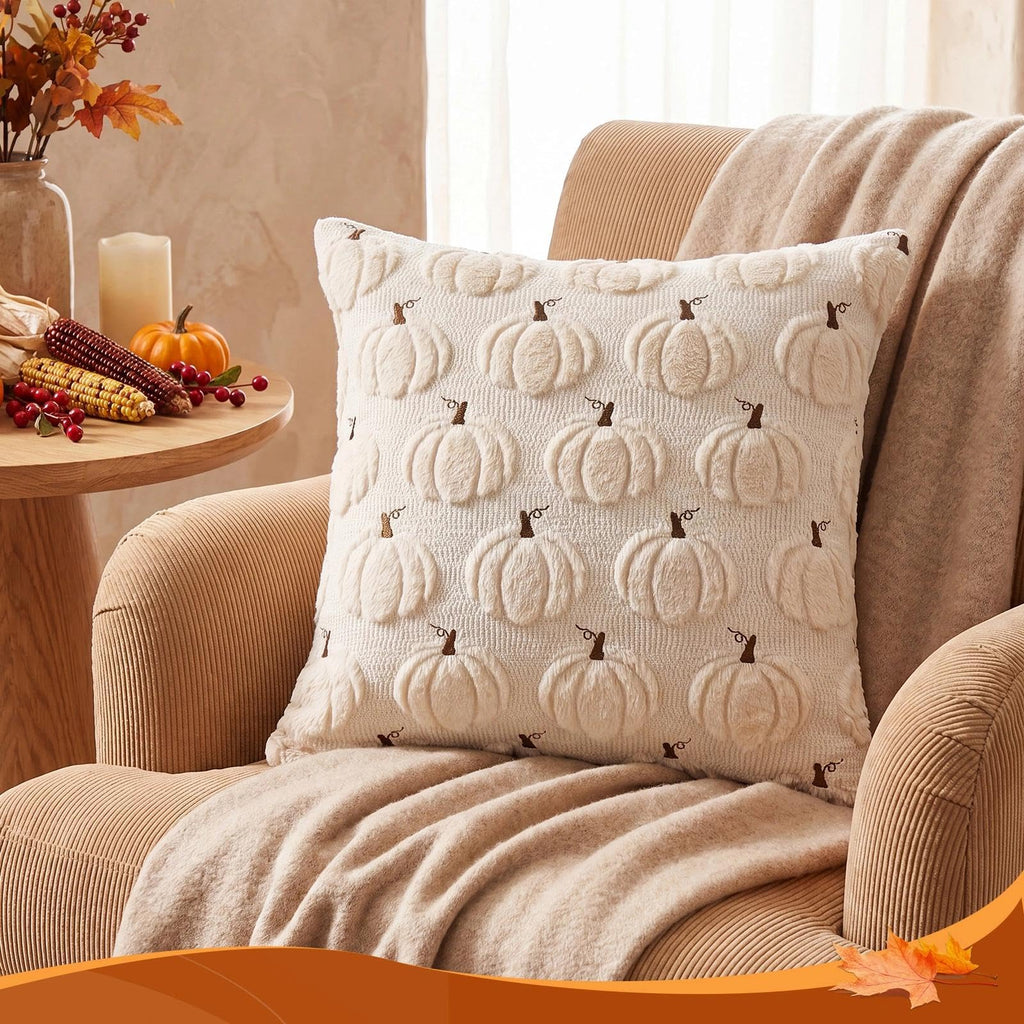 Fall Beige Pillow Covers 18x18 Set of 2 Double-Sided Pumpkin Plush | Boho farmhouse comfort with raised Autumn pumpkin embroidery, designed for living rooms, sofas, and cozy fall home decor.