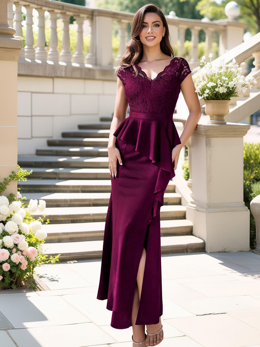 MISSMAY Women's Elegant Floral Lace Ruffle Split Cocktail Party Long Dress