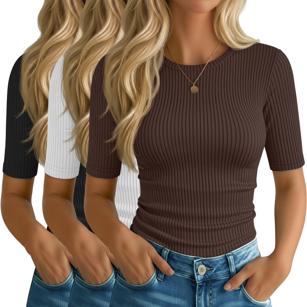 Riyiper 3 Pack Women's Elbow Length Tops, Half Sleeve Ribbed Cotton T Shirt Crew Neck Summer Tee Slim Fit Casual Blouses