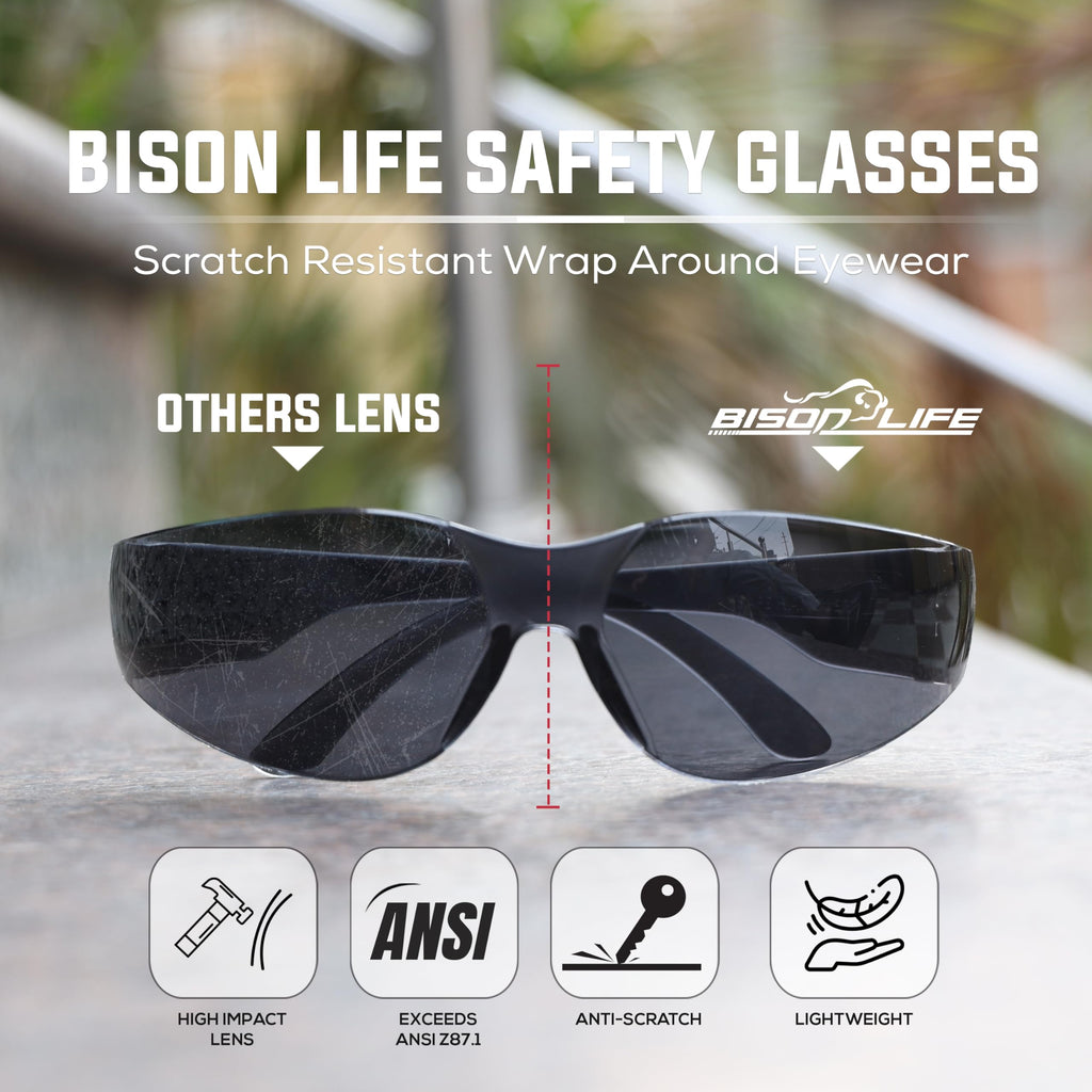 BISON LIFE Clear Safety Glasses – ANSI Z87.1 Certified Scratch & Impact Resistant Eye Protection Goggles for Men & Women
