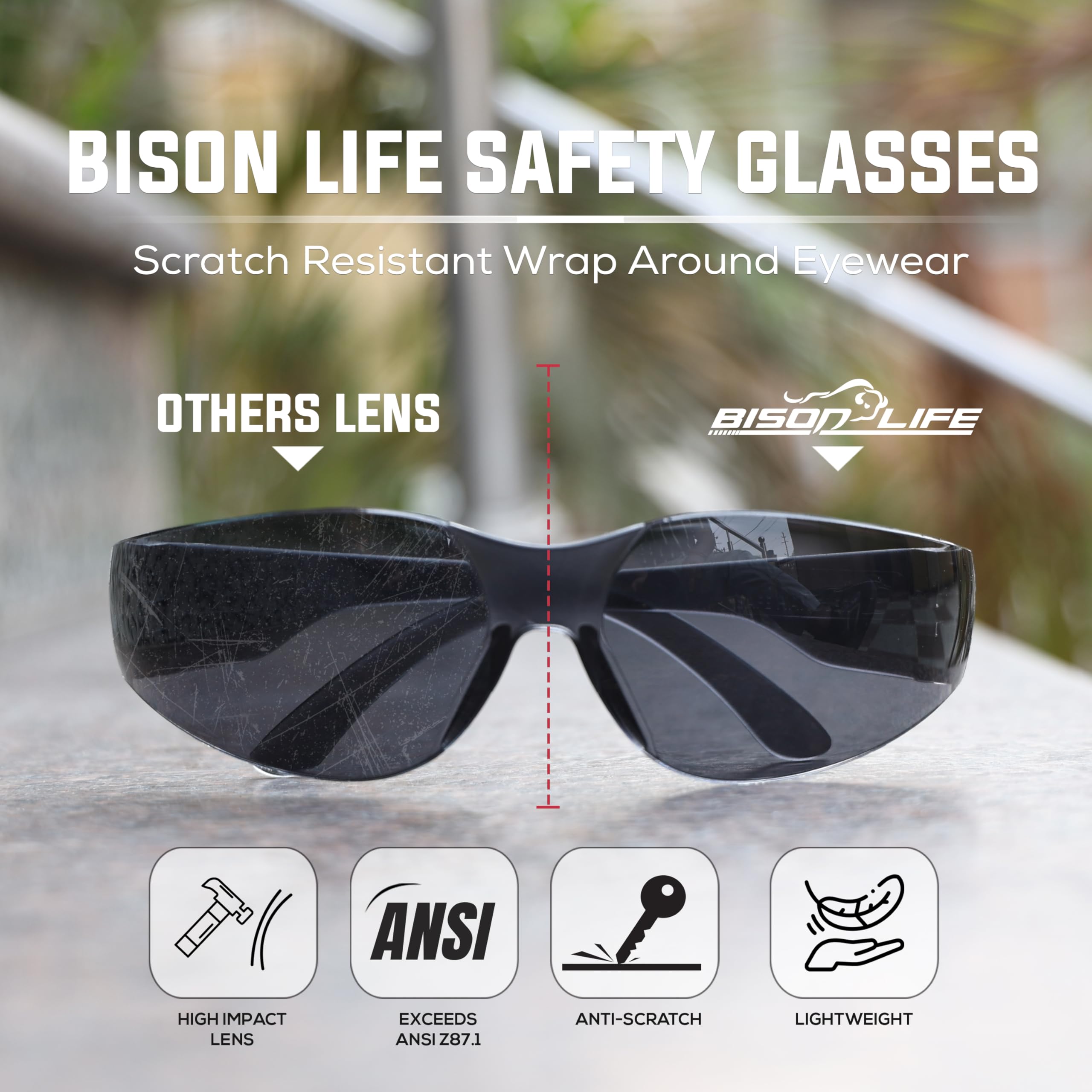 BISON LIFE Clear Safety Glasses – ANSI Z87.1 Certified Scratch & Impact Resistant Eye Protection Goggles for Men & Women