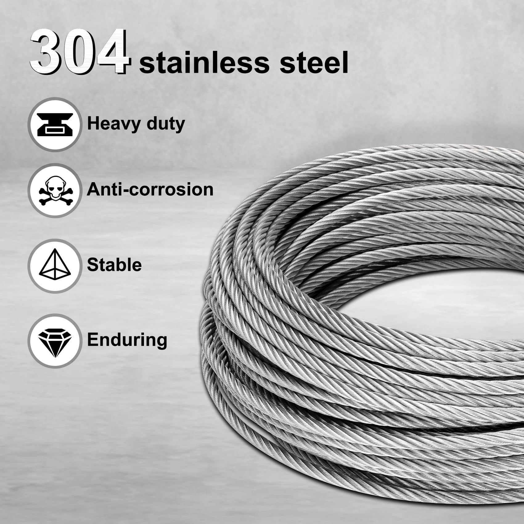 Thickened 3/16" 25ft Stainless Steel Cable with Wire Rope Clip, Thimble and Aluminum Crimping Loop Sleeve, 7X19 Strands Aircraft Cable, 3700lbs Breaking Strength for Deck Railing, String Lights