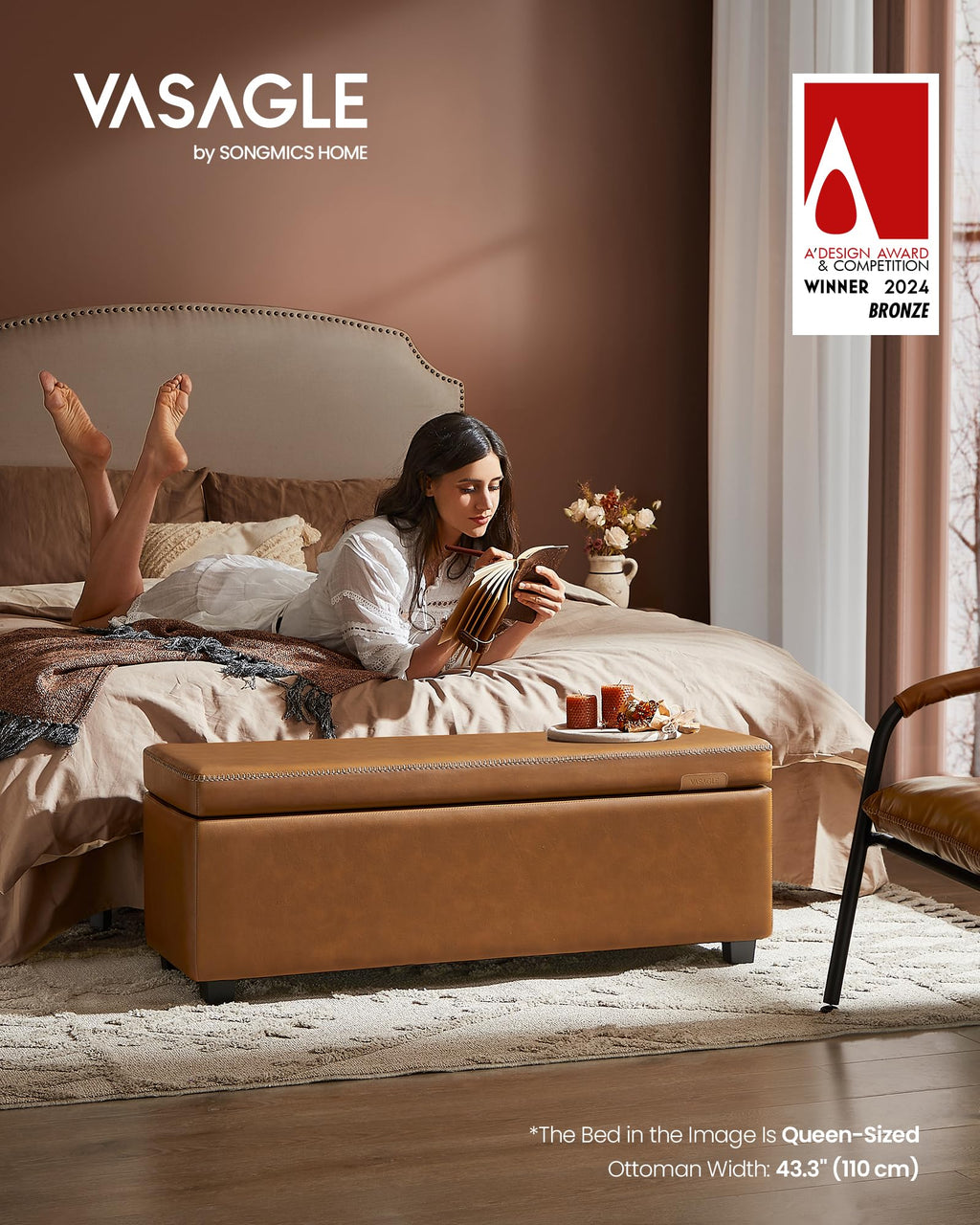 VASAGLE EKHO Collection - Storage Ottoman Bench, Entryway Bedroom Bench, 15 Gallons, Synthetic Leather with Stitching, Mid-Century Modern, Safety Hinges, Loads 660 lb, Caramel Brown ULOM074K01